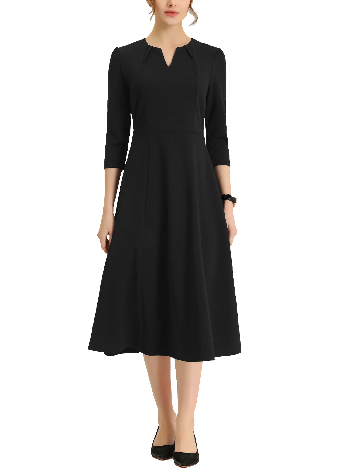 Allegra K Women's Work Office A-Line Dress Elegant 3/4 Sleeve Notched V Neck Dresses