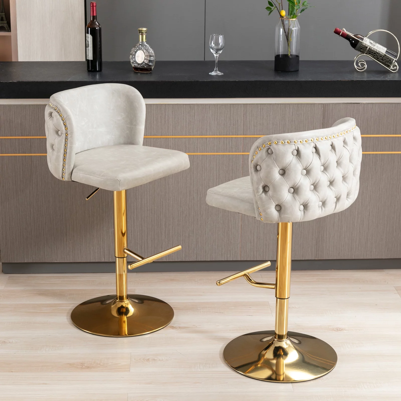 Sesslife Swivel Counter Height Bar Stools Set of 2, Upholstered PU Leather High Bar Chairs with Nail Trim, Adjustable Seat, Barstools with Back and Footrest for Kitchen Island, Home Pub, Beige