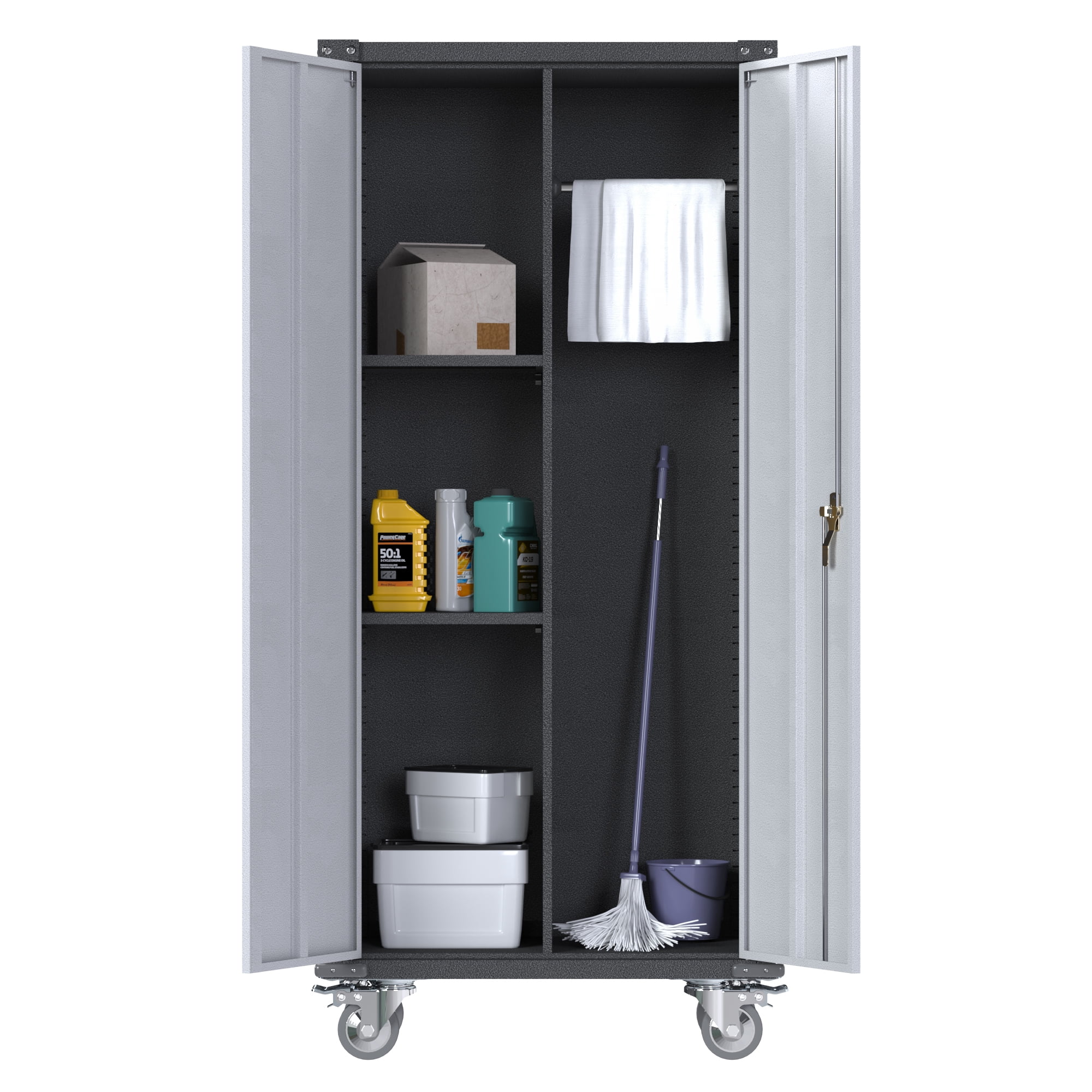 GangMei Metal Rolling Storage Cabinet with Hanging Rod, Large Steel Utility Tool Storage Cabinets with 2 Shelves & Locking Doors, Garage Cabinets for Tool Storage, Assemble Required
