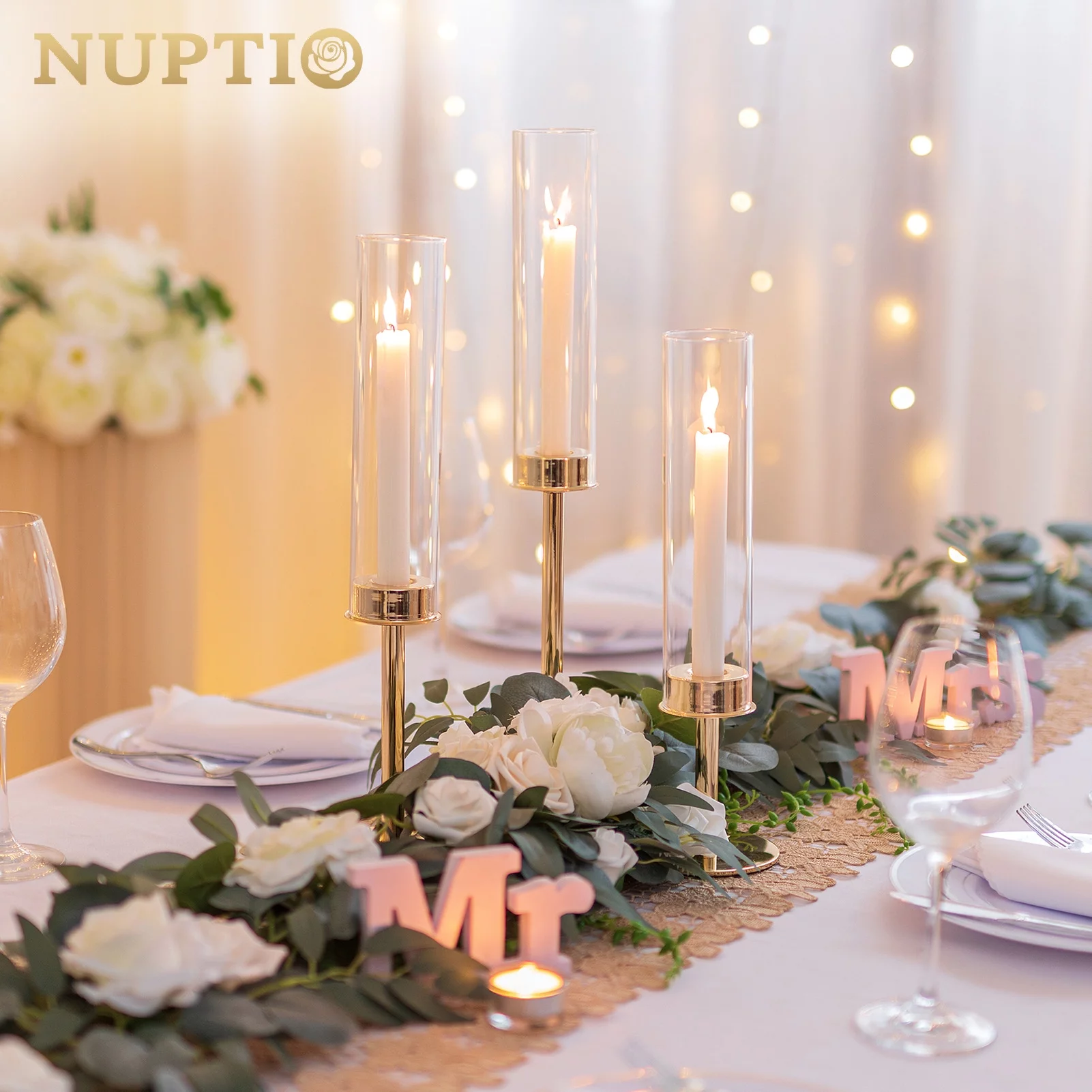 Nuptio Gold Taper Candle Holders with Hurricane Glass Tall Brass Candlestick Holder for Wedding Christmas Table Centerpiece Set of 6