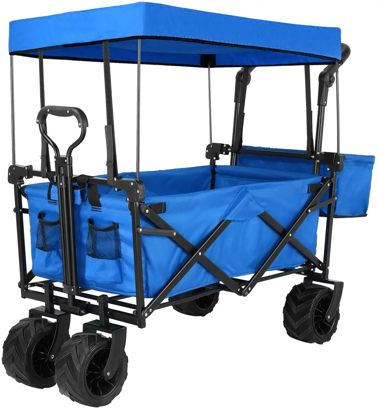 lazyBuddy Heavy Duty Collapsible Utility Wagon With Canopy Beach Cart All-Terrain Wheels Blue