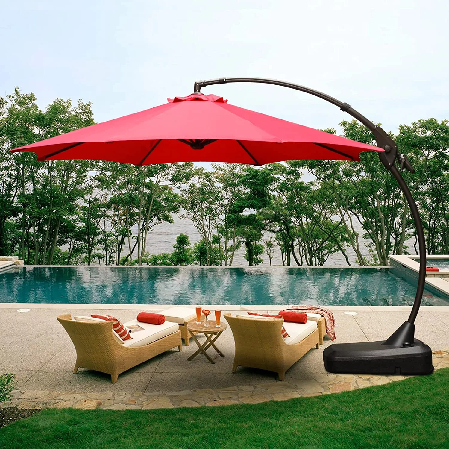 Deluxe 11 FT Aluminum Offset Umbrella with Position Lock System, Patio Cantilever Umbrella 3.5M Red