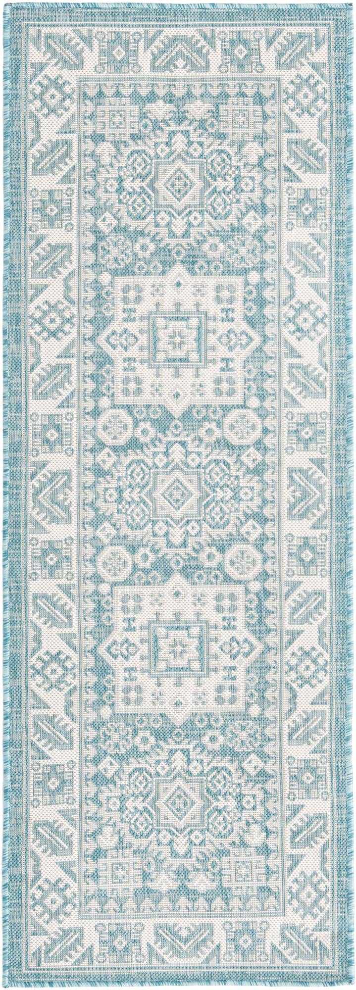 Rugs.com Outdoor Aztec Collection Rug – 6 Ft Runner Aqua Flatweave Rug Perfect For Hallways, Entryways