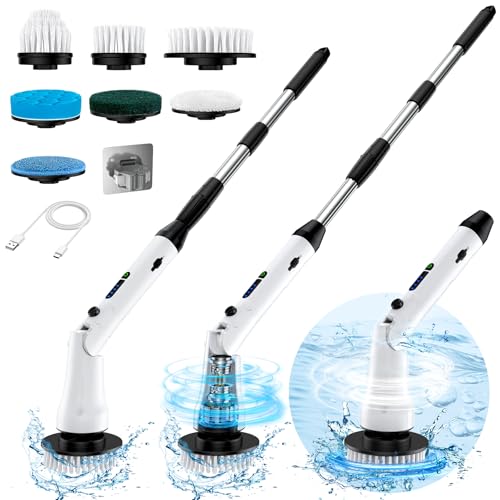Electric Spin Scrubber with Long Handle, IPX7 Waterproof Cordless Electric Cleaning Brush, Shower Scrubber Bathroom Cleaner Brush with 7 Replaceable Brush Heads, 2 Speeds Scrubber for Floor Tile Tub