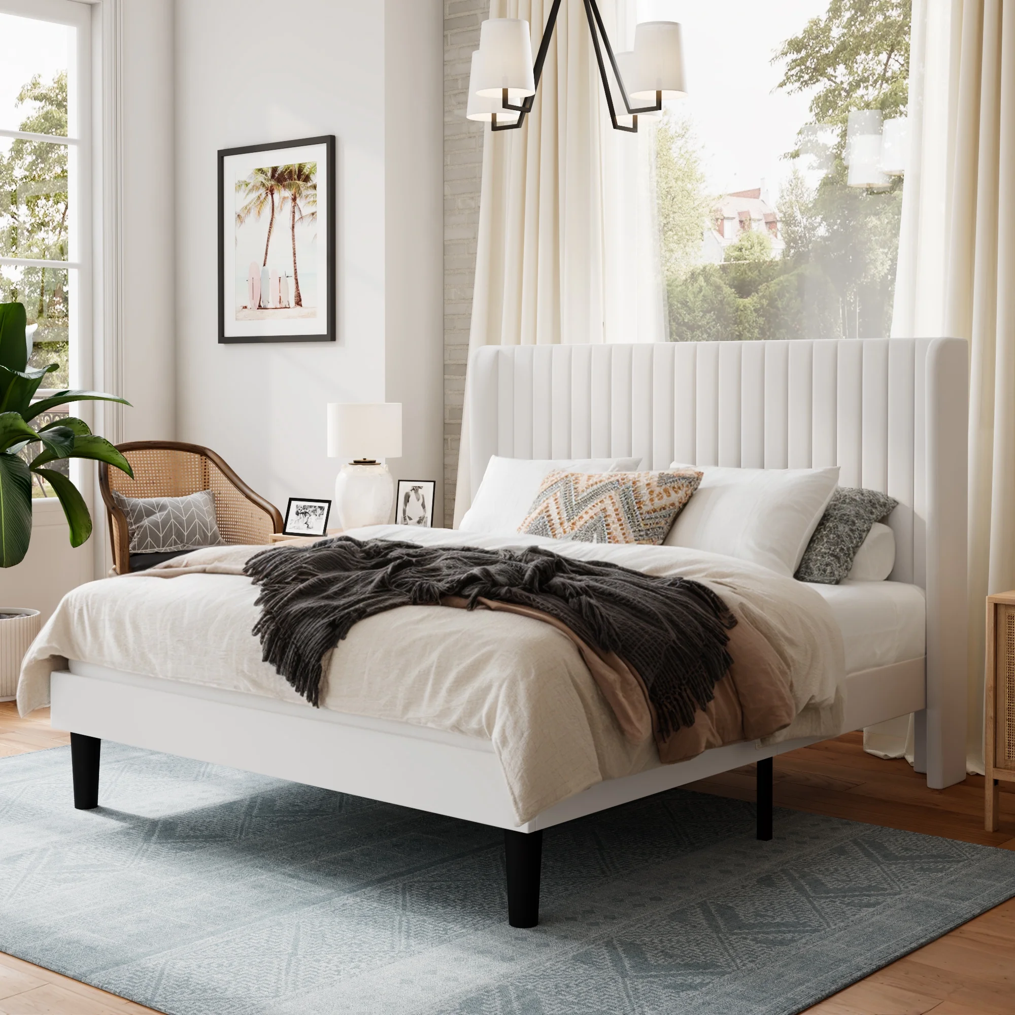 Sha Cerlin Queen Size Upholstered Platform Bed Frame with Velvet Channel Wingback Headboard, Off White