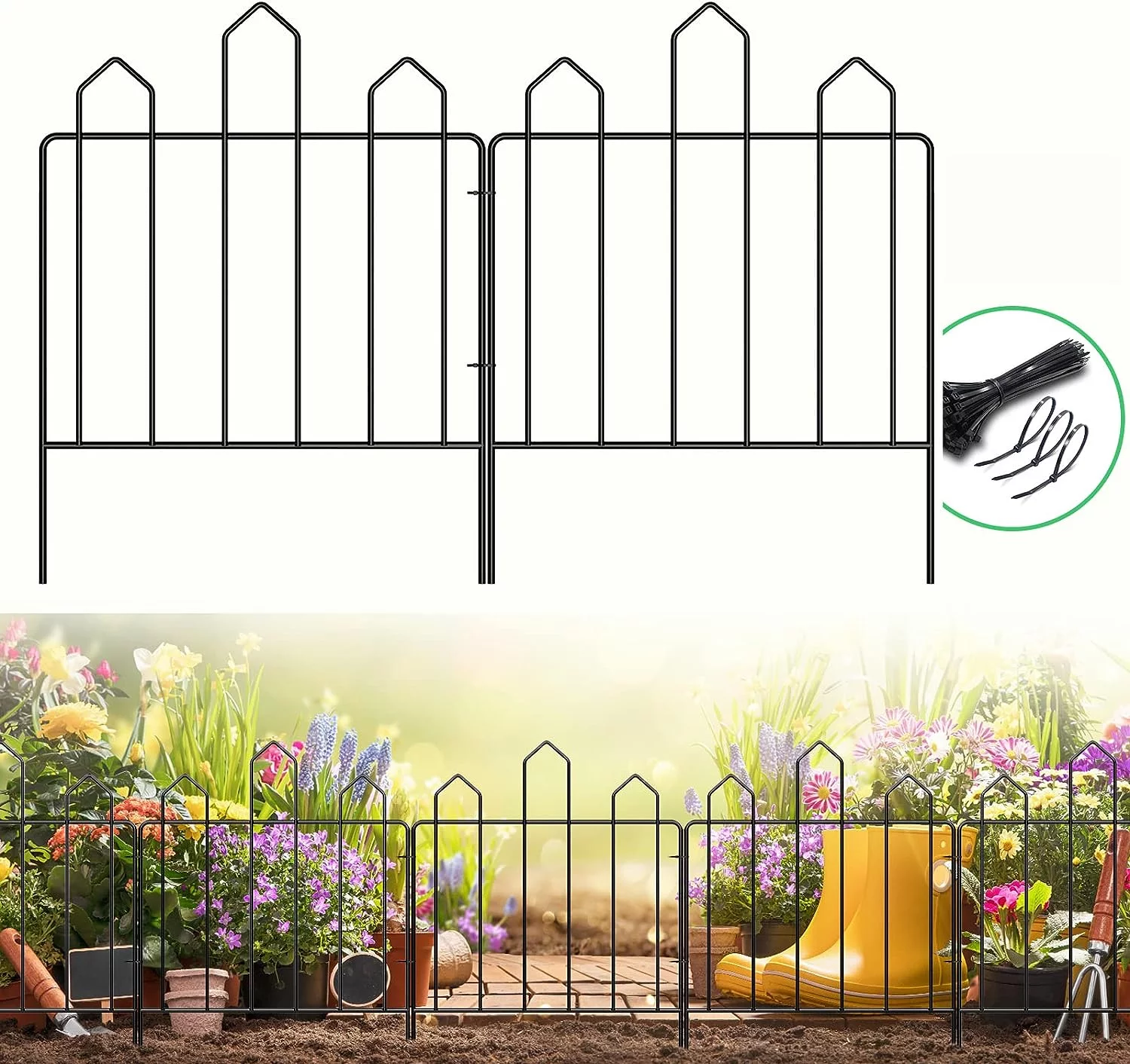 Decorative 10-Panel Metal Garden Fence, 17-Inch Height x 10-Foot Length, for Yard Edging