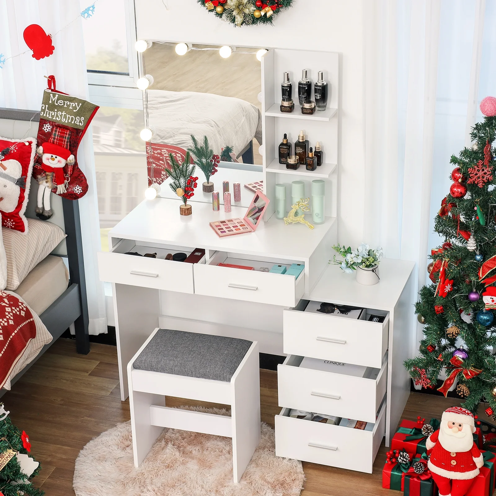 USIKEY Large Vanity Set with 10 LED Lights for Bedroom, Makeup Table with 3-Drawer Chest, Cushioned Stool, White YSZT30WD