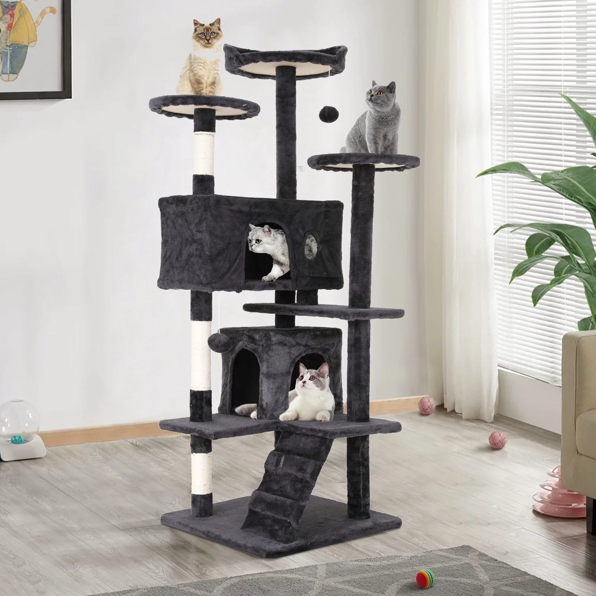 CL.HPAHKL 54in Cat Tree Tower, Multi-Level Cat Tower Furniture Activity Center with Platform Scratching Posts Stand House Condo and Toy, Cat Condos for Indoor Cats Kitten Activity Relaxing, Dark Gray