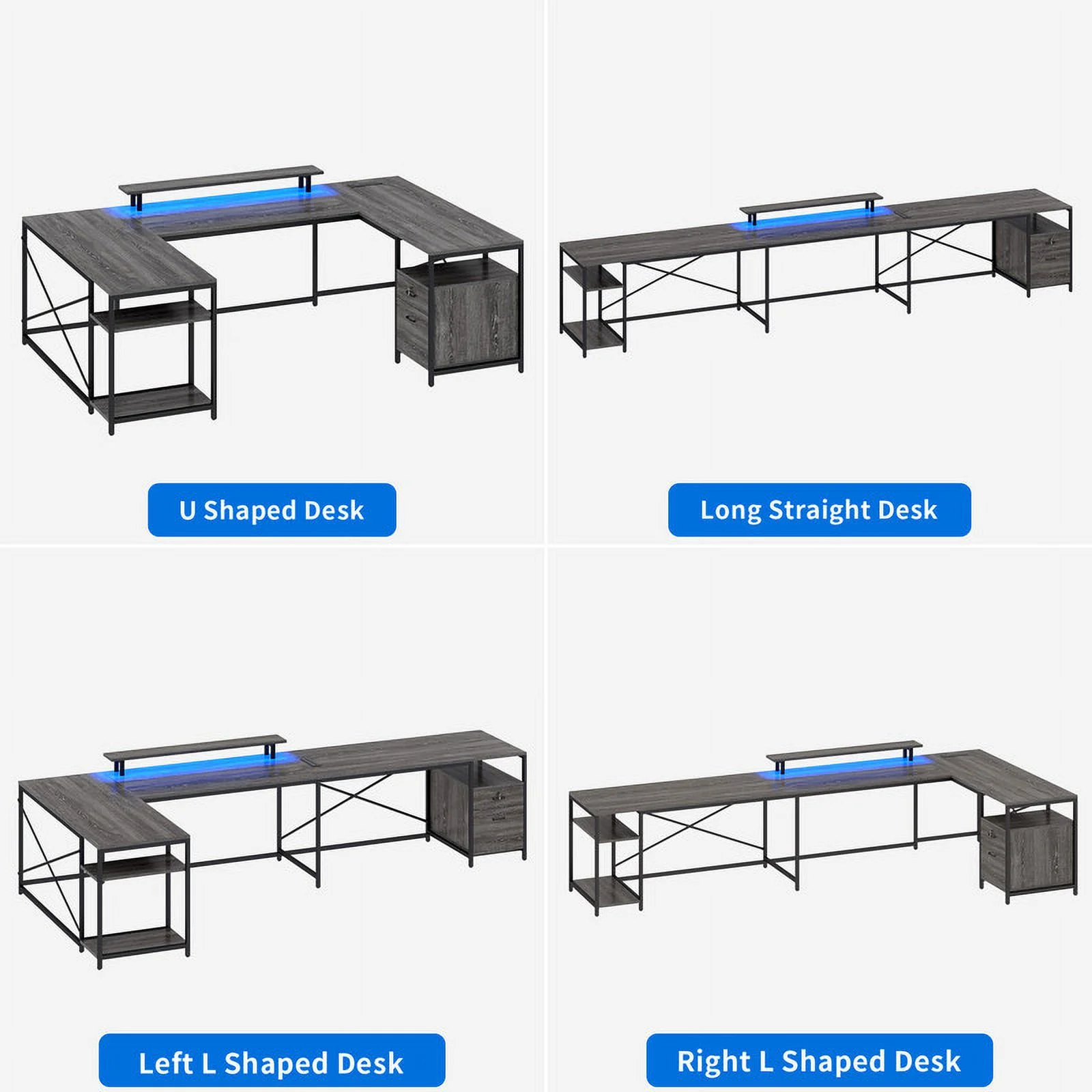 Dextrus L Shaped Desk with Power Outlets & LED Lights, Reversible Computer Desk with Drawers & Storage Shelves, Large U Shaped Desk, 2 Person Corner Office Desk for Home Office,Gray