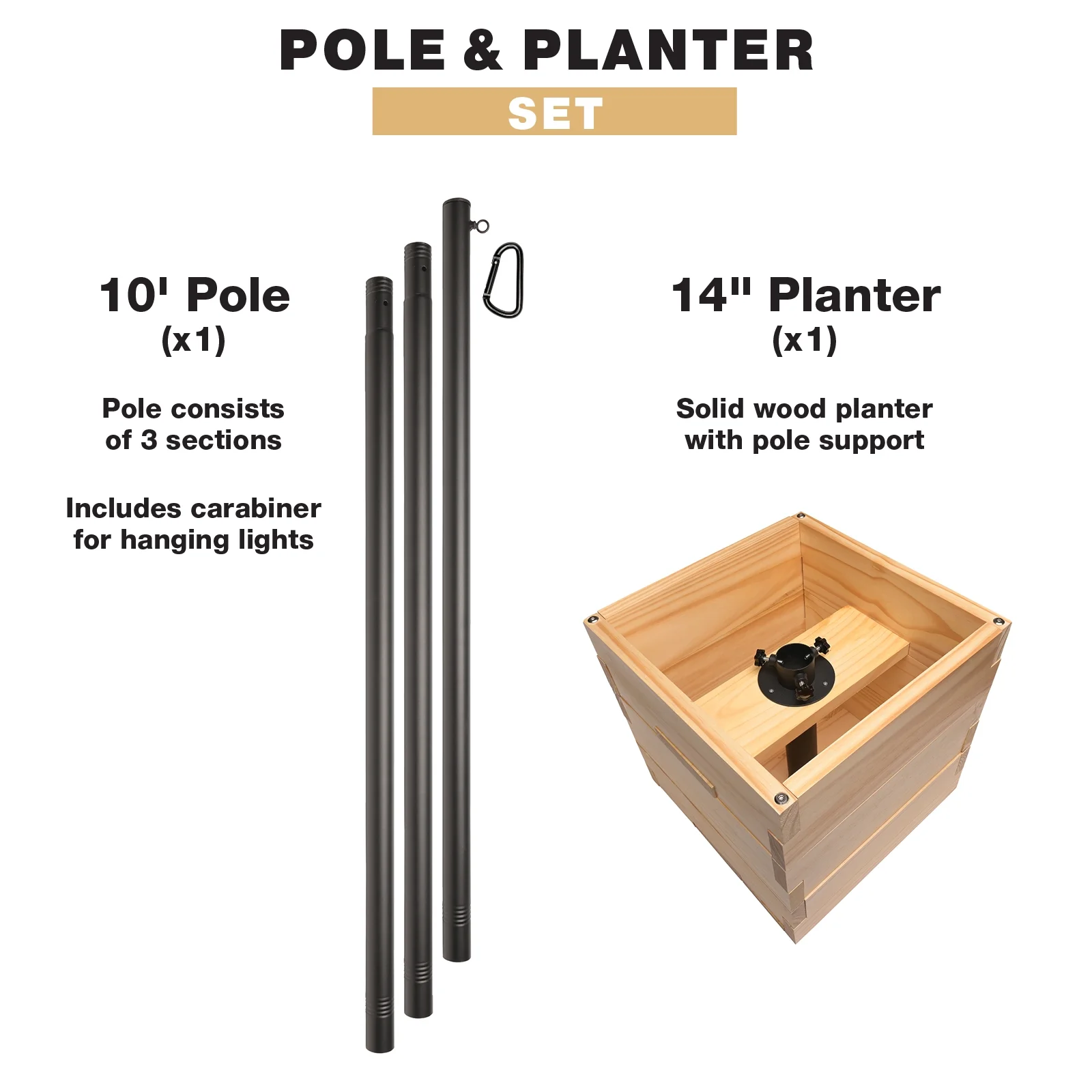 Excello Global Products Wooden Planter Box Set with 10' String Light Pole - 14