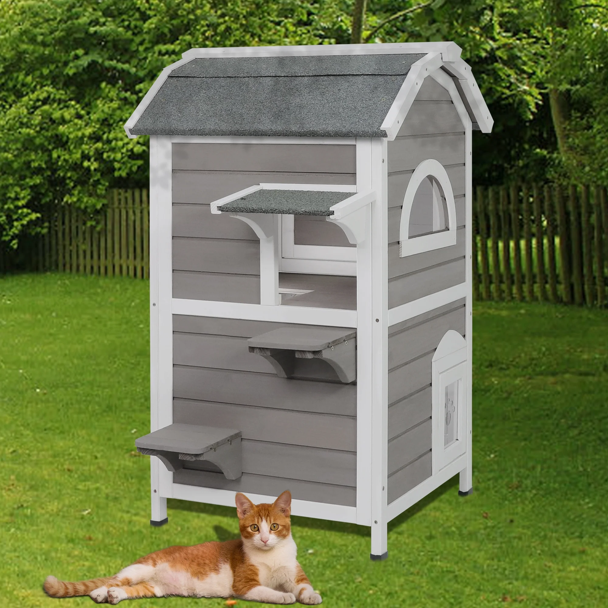 PetsCosset Outdoor Cat House Shelter Weatherproof, Two Story Wooden Outside Cat House Feral Cat House with Escape Door, Removable Floors