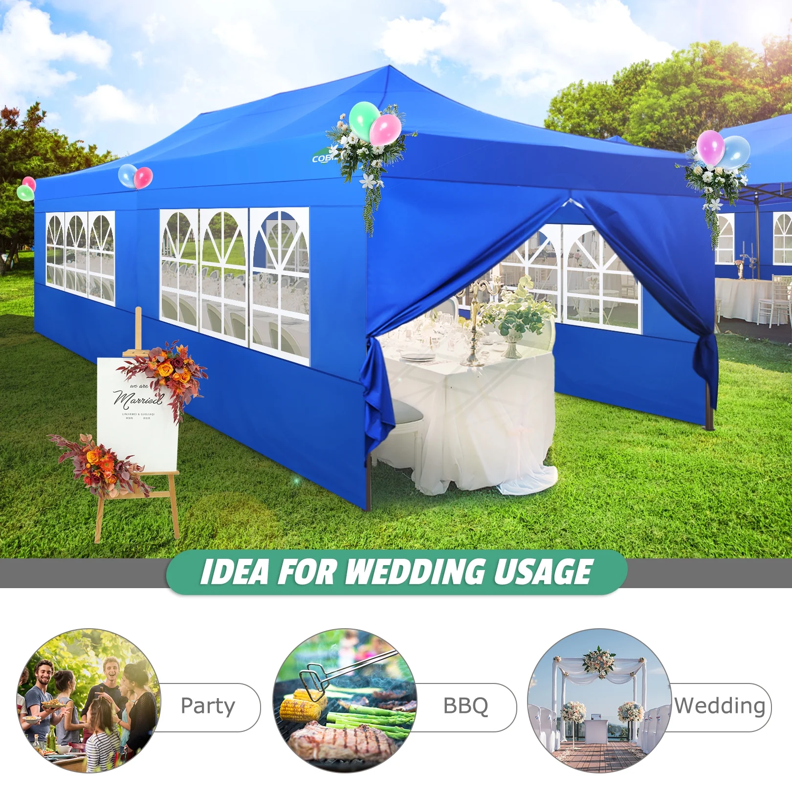 SANOPY 10x20 Pop up Canopy Tent Heavy Duty with 6 Removable Sidewalls, Commercial Outdoor Tent for Parties All Weather Waterproof and UV 50+ Wedding Tent with Roller Bag(Legs Upgraded), Blue