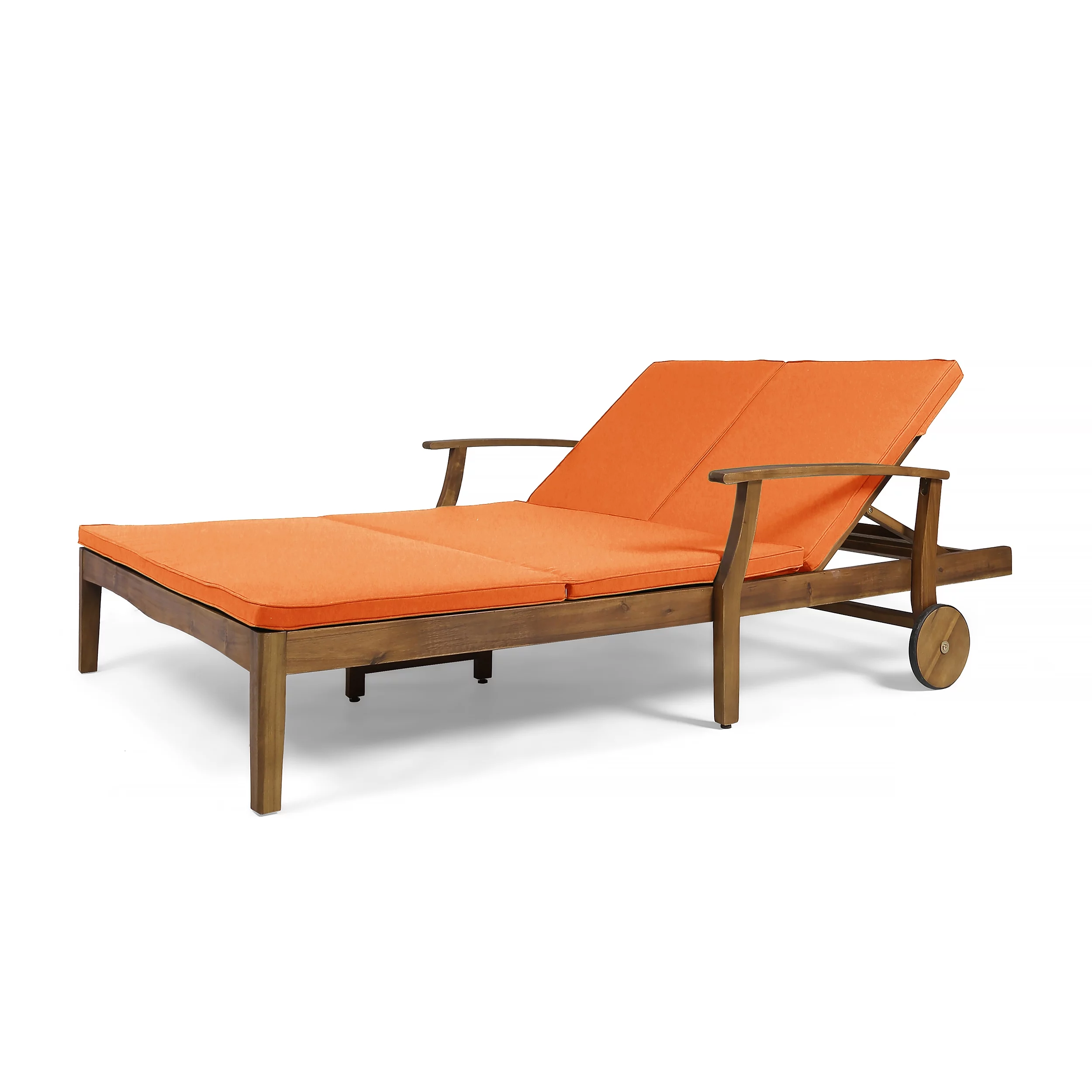 Samantha Double Chaise Lounge for Yard and Patio, Teak Finish with Orange Cushions