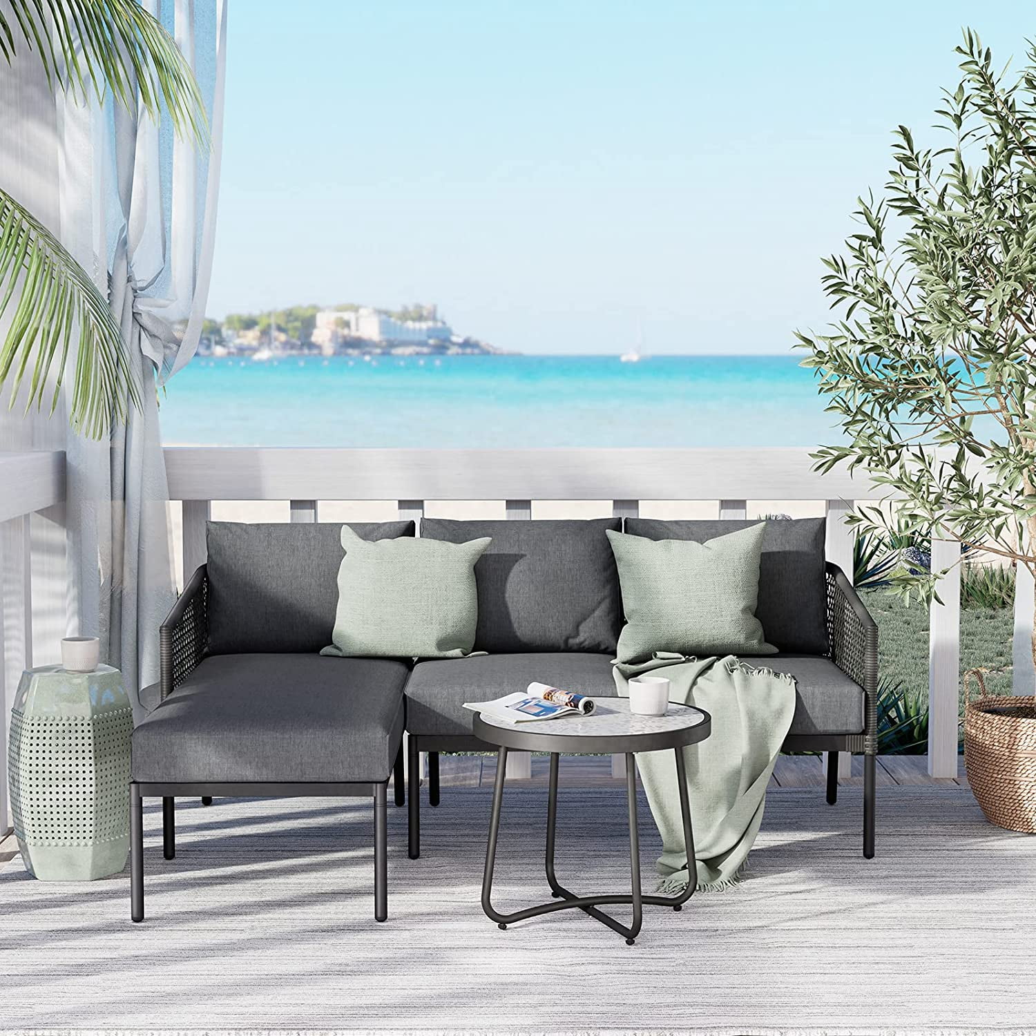 Grand Patio 3-Piece Patio Furniture Small Sectional Sofa Set All-Weather Wicker Conversation Set for Outdoor Garden Backyard with Cushions, Side Table, Gray