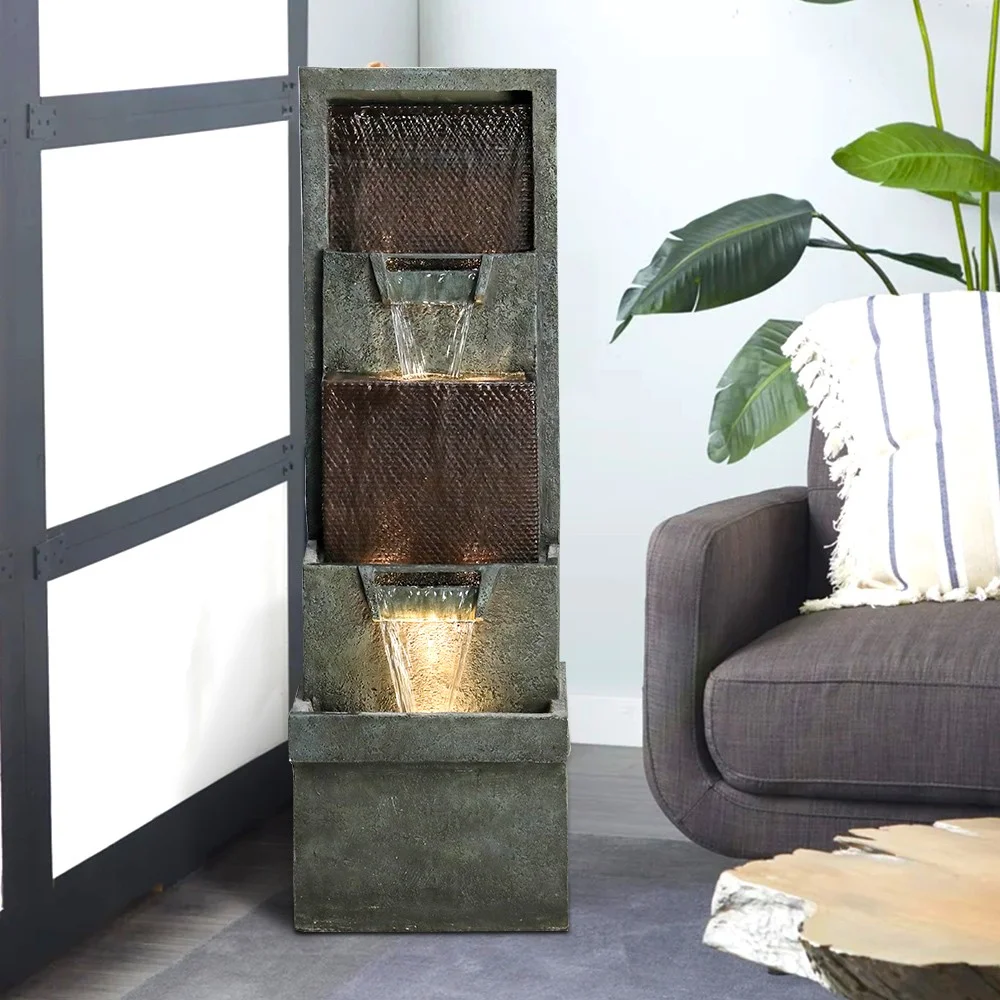 SunJet Modern Indoor Outdoor Waterfall Fountain - 39.3”Tall Relaxing Soothing Outdoor Freestanding Fountains with Lights&Pump