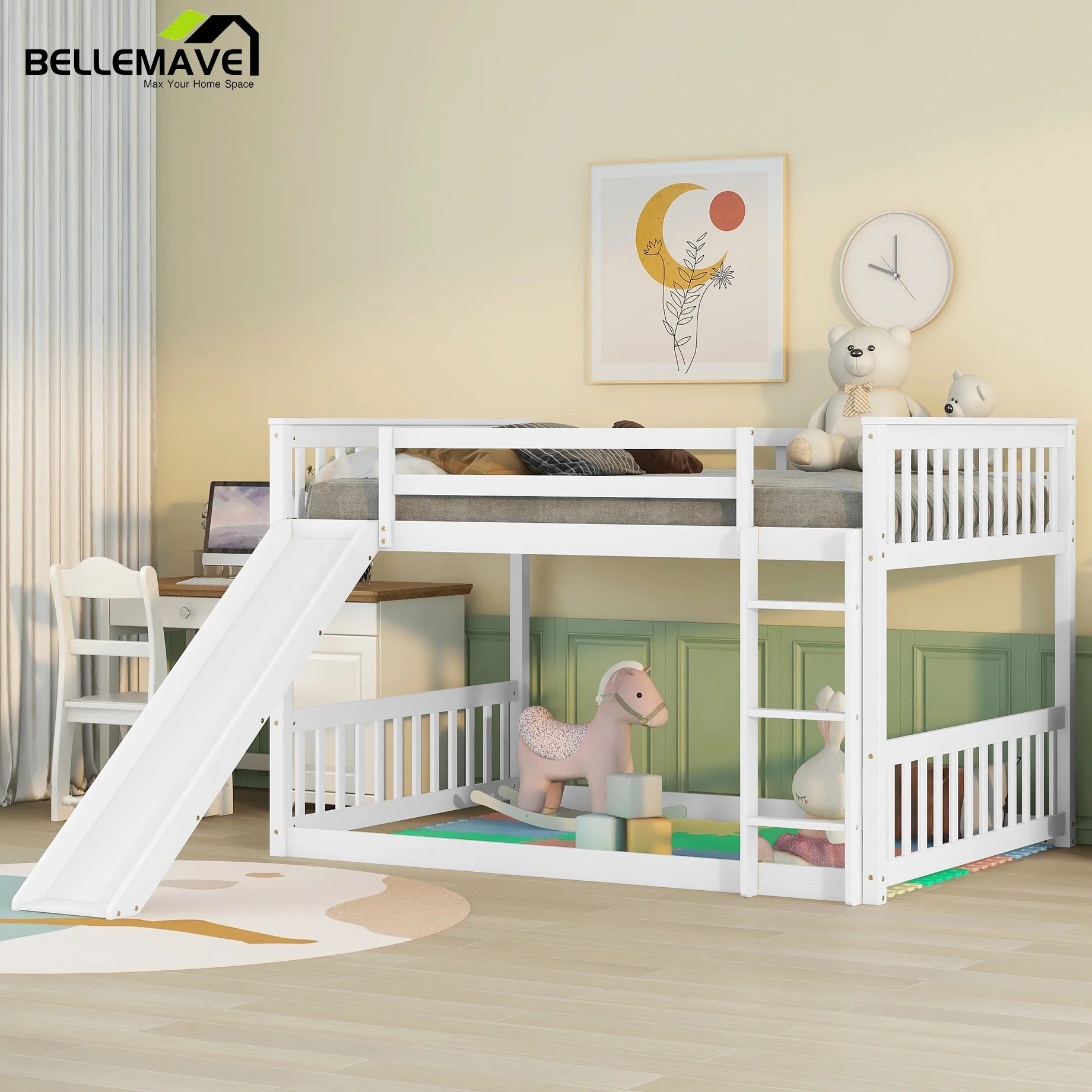 Bellemave Full over Full Bunk Bed with Slide Wood Full Size Loft Bed Frame with Safety Guardrails and Ladder 2 in 1 Low Floor Bunk Bed For Boys and Girls, White