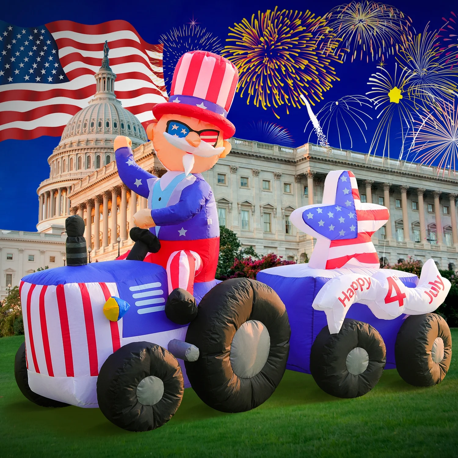 DomKom 4th of July Patriotic Inflatable 6FT Uncle Sam on Tractor Blow Up Yard Decorations with LED Lights for Holiday Party Decor Independence Day Memorial Day Gift