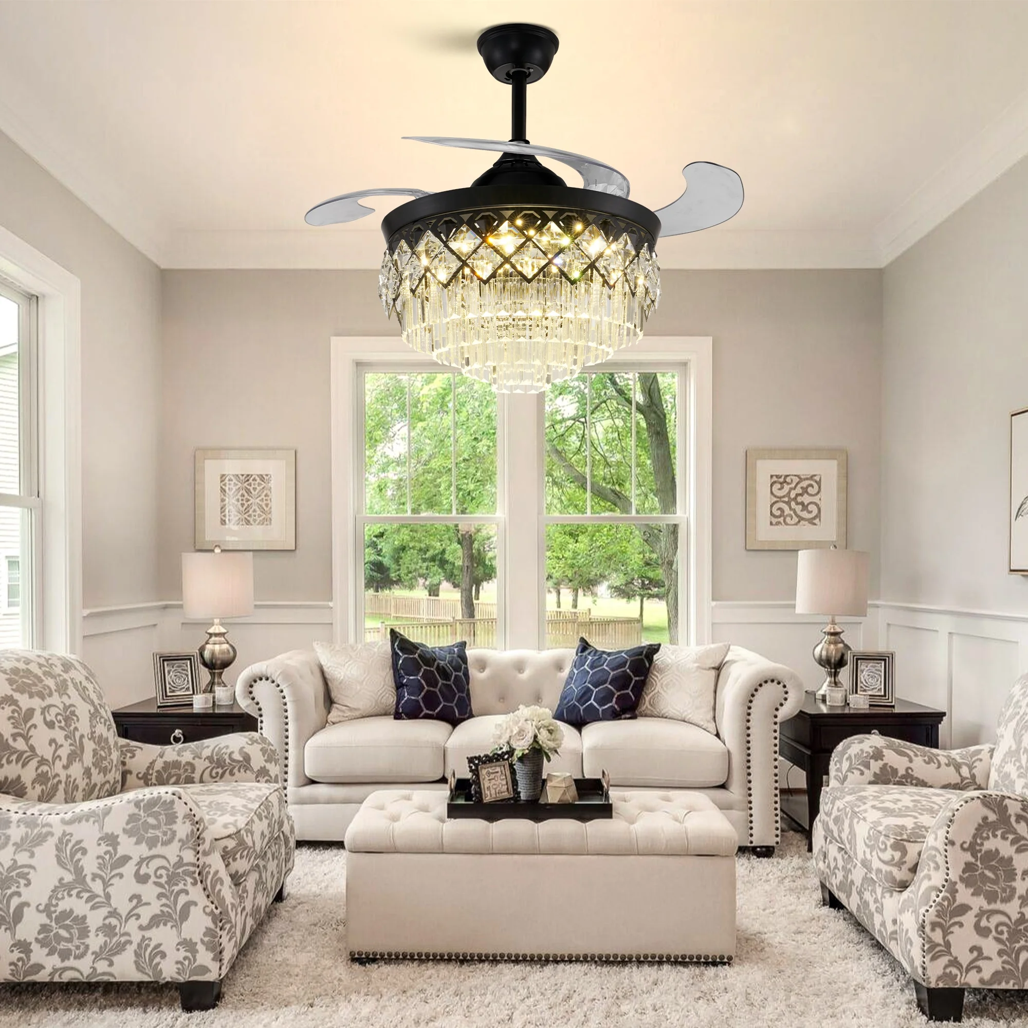 KPIBEST Black Modern Ceiling Fans with Lights and Remote,Low Profile, Bedroom, Indoor, Outdoor,42 inch, LED, Retractable, Fandelier, Living Room, Dining Room, Dimmable