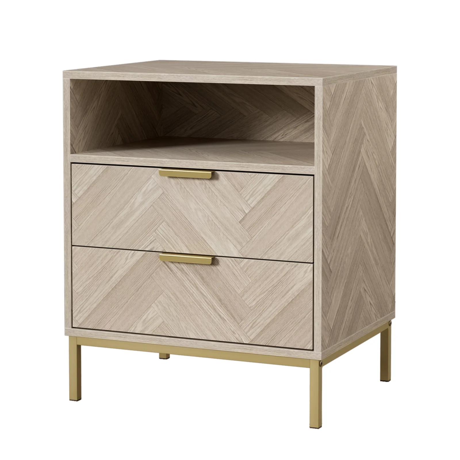 Eumyviv Wood Nightstand, Herringbone Pattern End Table with 2 Drawer and One Open Shelf, Wooden Storage Cabinet for Living Room Bedroom, Oak H0103