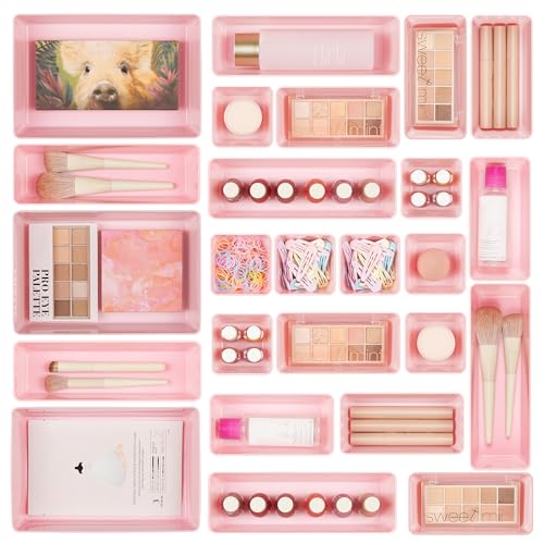 Vtopmart 25 PCS Clear Plastic Drawer Organizers Set, 4-Size Versatile Bathroom and Vanity Drawer Organizer Trays, Storage Bins for Makeup, Bedroom, Kitchen Gadgets Utensils and Office