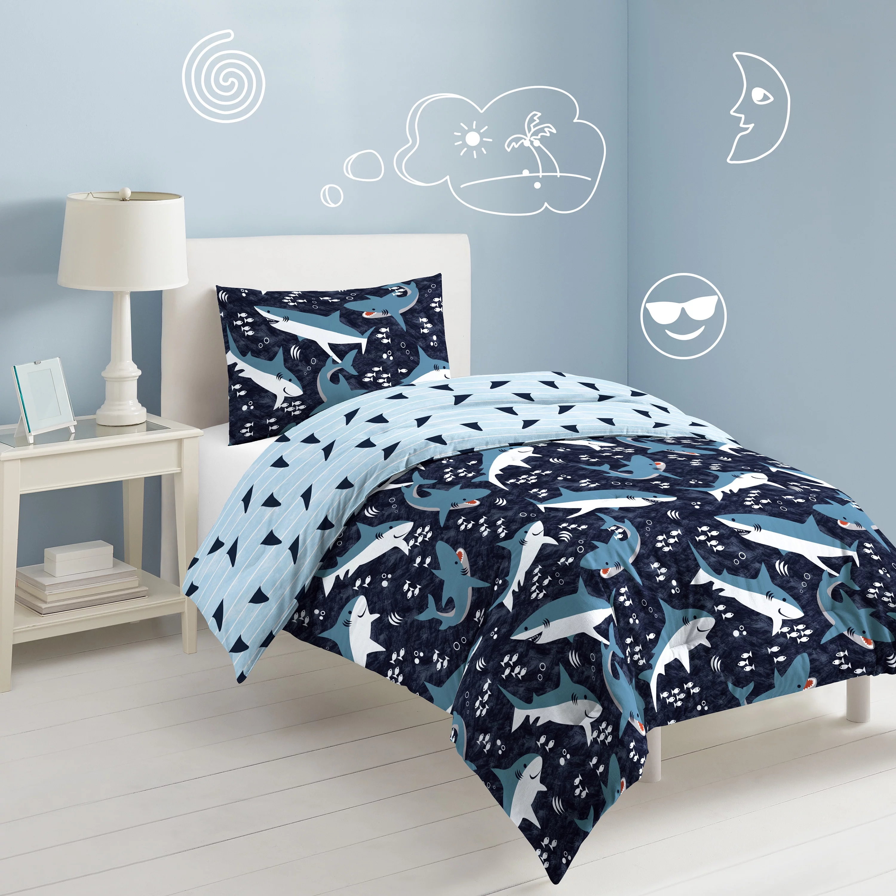 Dream Factory Sharks Twin 2 Piece Mini Comforter Set, Printed Pattern, Polyester, Cotton, Navy, Child, Unisex