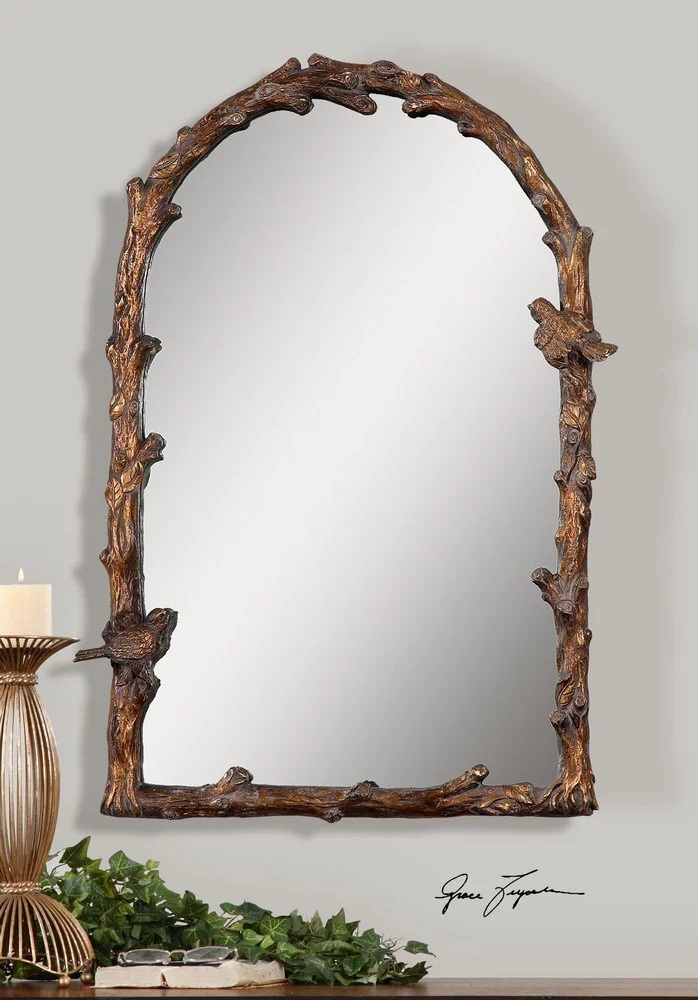 Rustic Arched Top Mirror in Distressed Antique Gold with Metal Frame Bird and Vine Design 22 inches W X 33.75 inches H Bailey Street Home