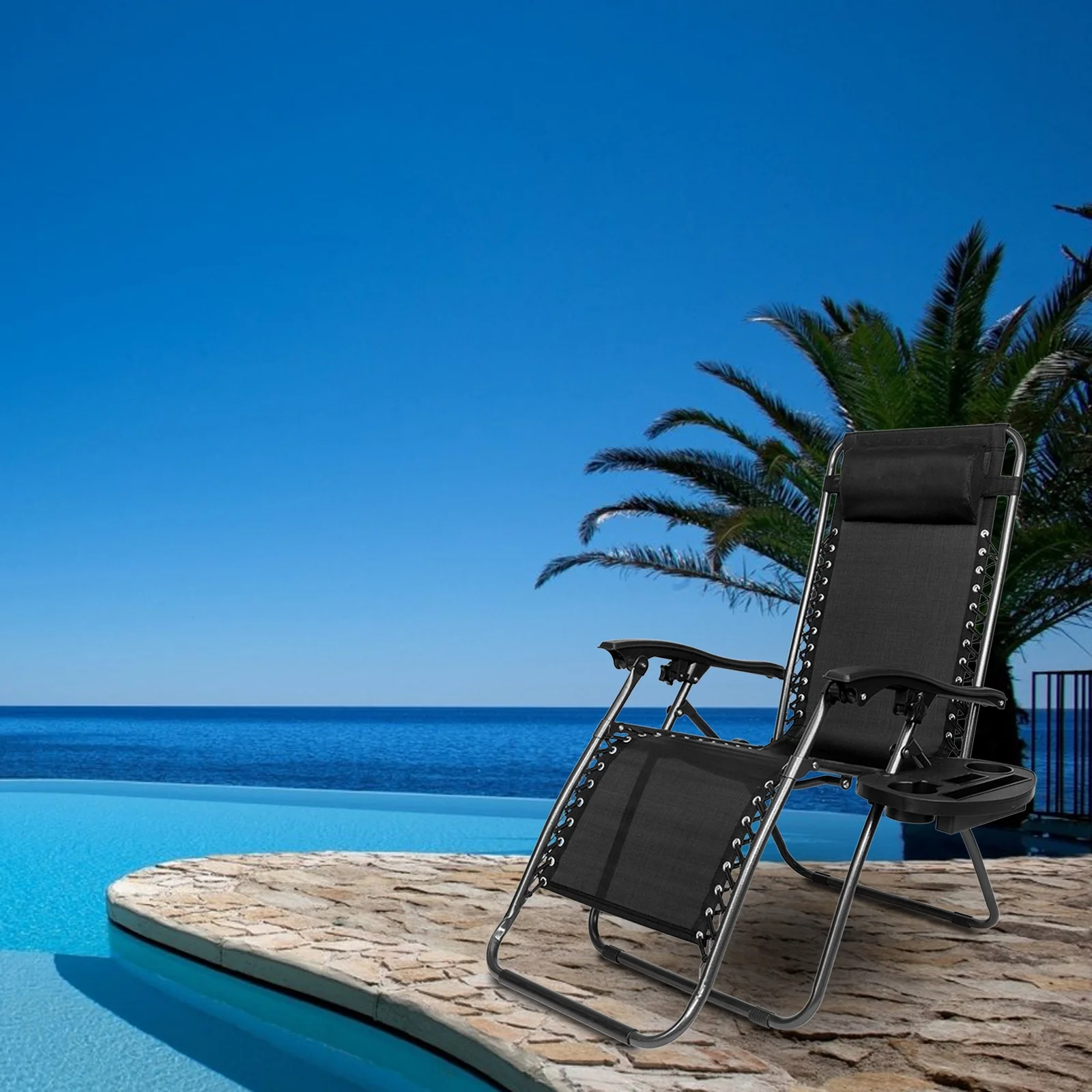 Infinity Zero Gravity Chair Pack 2, Outdoor Lounge Patio Chairs with Pillow and Utility Tray Adjustable Folding Recliner for Deck,Patio,Beach,Yard,Support 350LB  Black