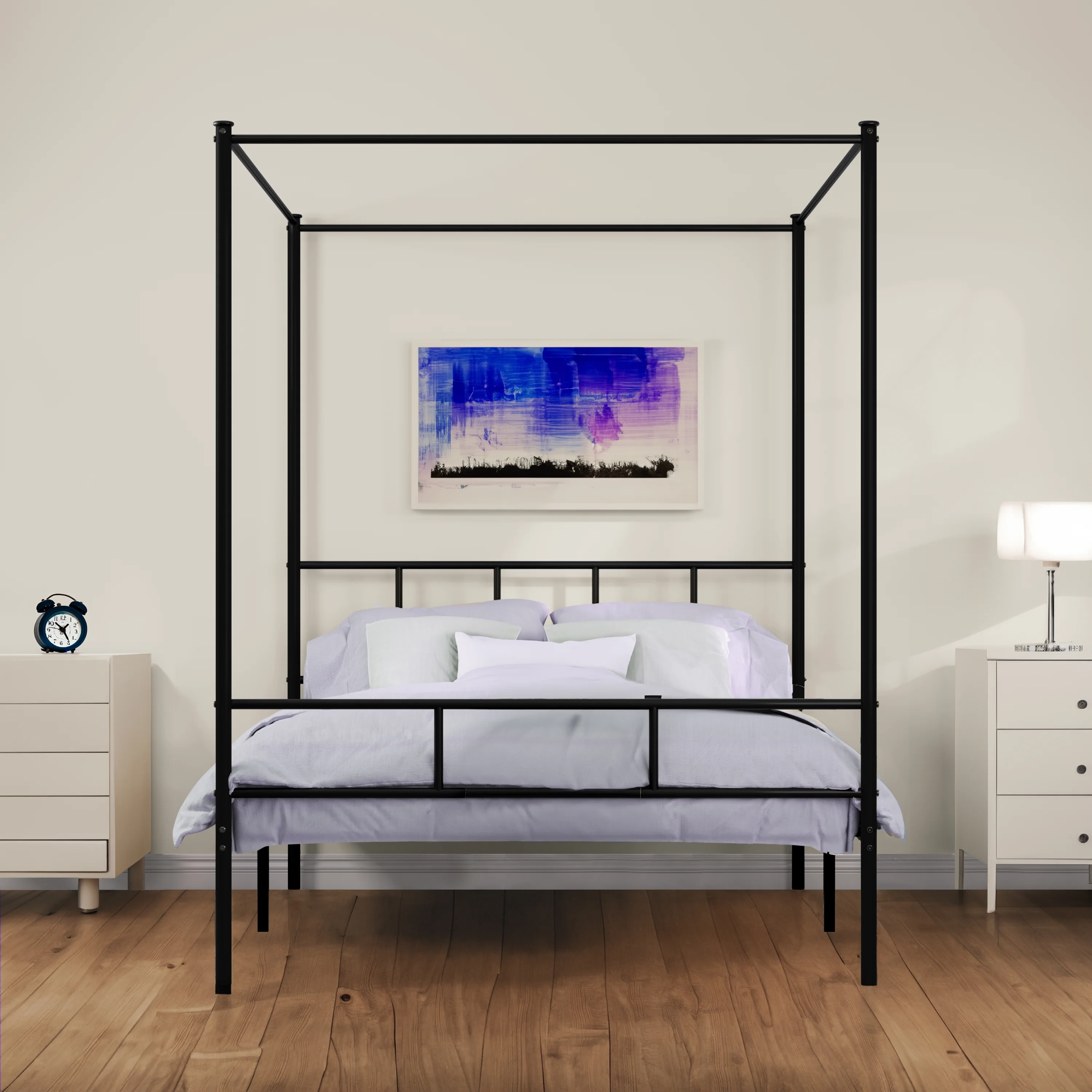 Dextrus Queen Size Bed Frame, Metal Canopy Four Poster Bed Frame with Built-in Headboard Strong Metal Slat Mattress Support, No Box Spring Needed, Black