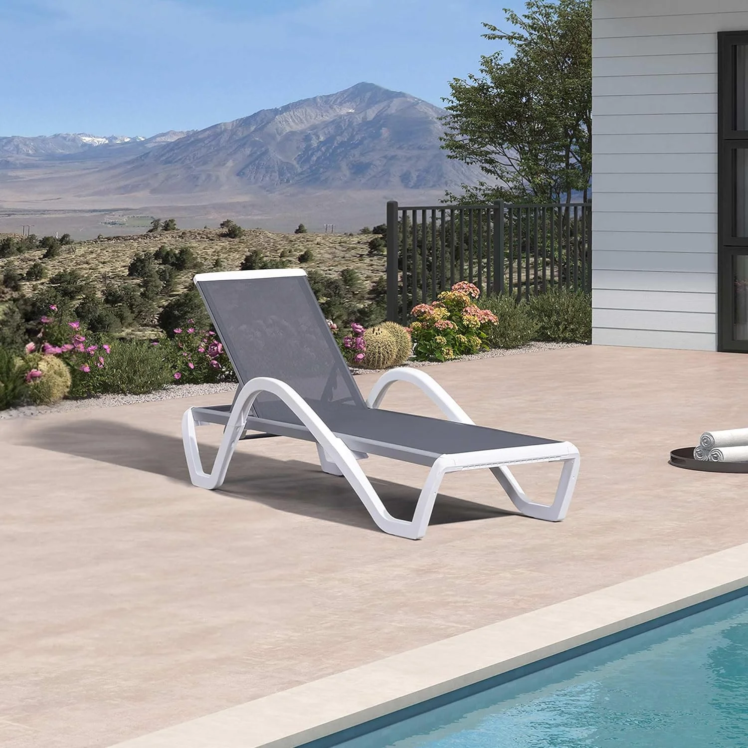 PURPLE LEAF Patio Chaise Lounge Chair Outdoor Plastic Textilene Sun Bathing Recliner Tanning Pool Lounger with 6 Adjustable Position for Outside Beach in-Pool Lawn Poolside, Grey