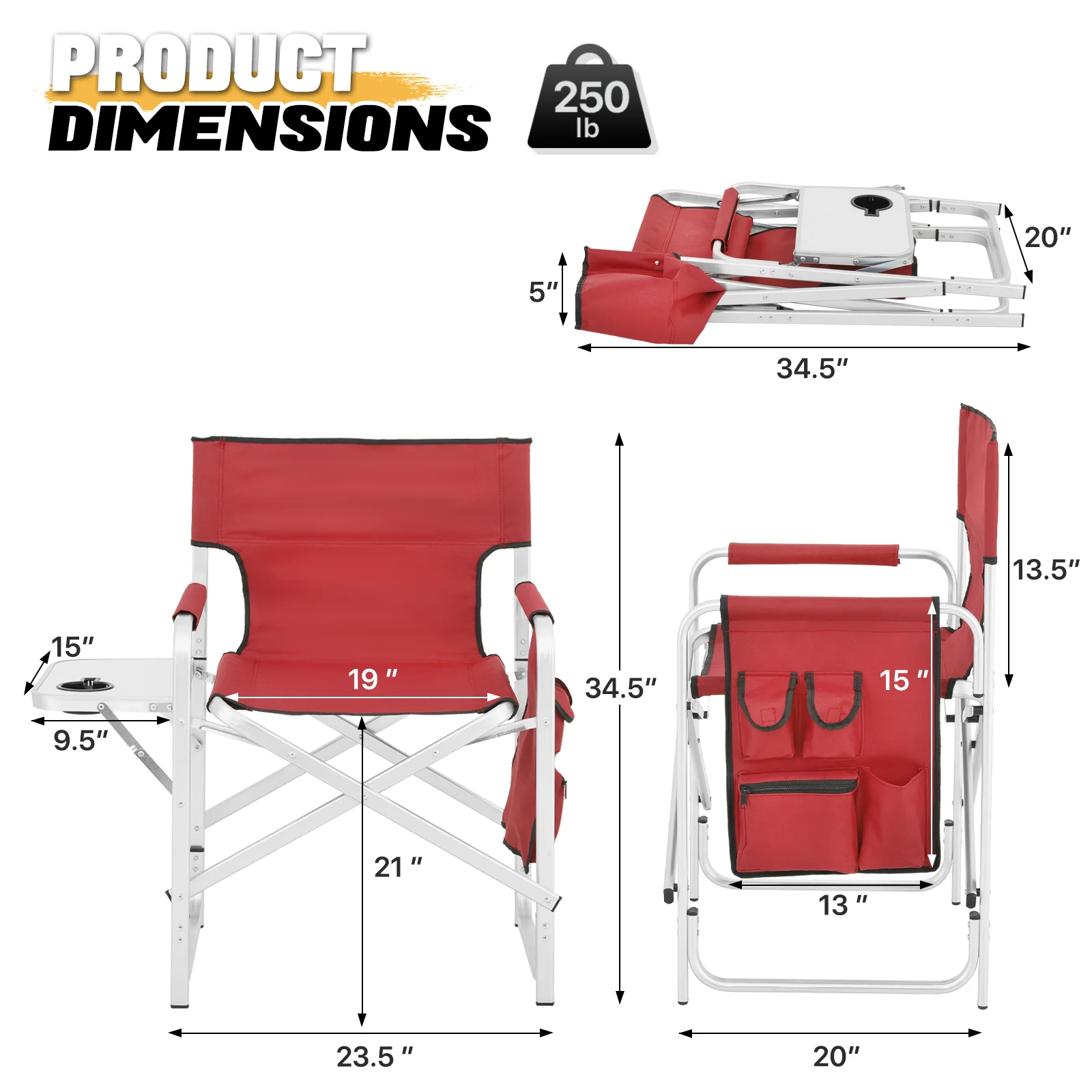 MoNiBloom Folding Director Chair with Side Table & Storage Pocket, Heavy Duty Camping Chair for Adult Beach Fishing Trip Picnic Lawn, Red