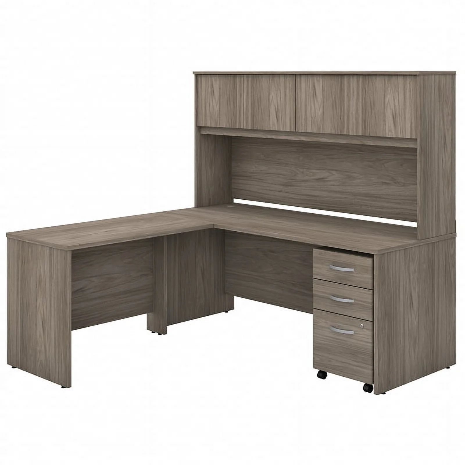 Pemberly Row Engineered Wood 72W L Desk with Hutch and Drawers in Modern Hickory