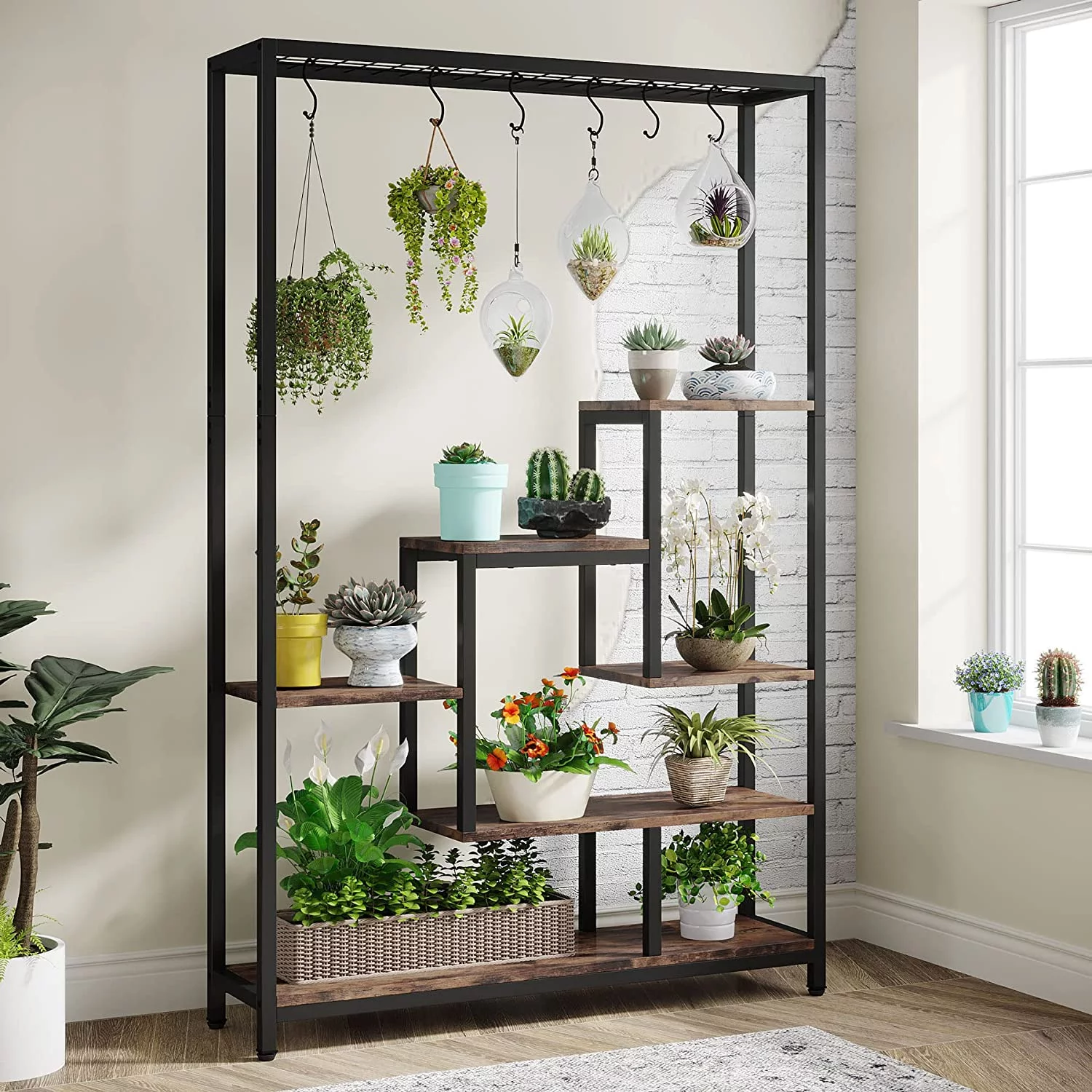 Tribesigns 5-Tier Tall Indoor Plant Stand, 70.9 inches Metal Large Plant Shelf with 10PC S Hanging Hooks, Multi-Purpose Flower Bonsai Pots Display Rack for Indoor, Garden, Balcony, Living Room