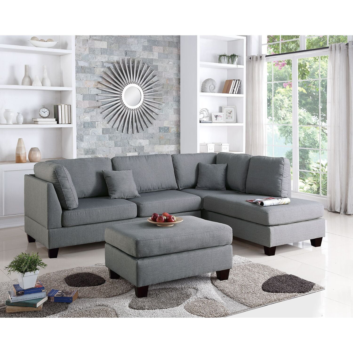 Maykoosh Southwestern Style 3 Piece Fabric Reversible Sectional Sofa Set with Ottoman in Gray