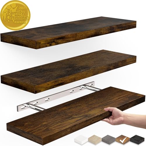 BAYKA Floating Shelves for Wall, Wall Mounted Rustic Wood Shelves for Bathroom, Bedroom, Living Room, Kitchen, Hanging Shelf for Books/Storage/Room Decor with 22lbs Capacity (Black, Set of 3, 16in)