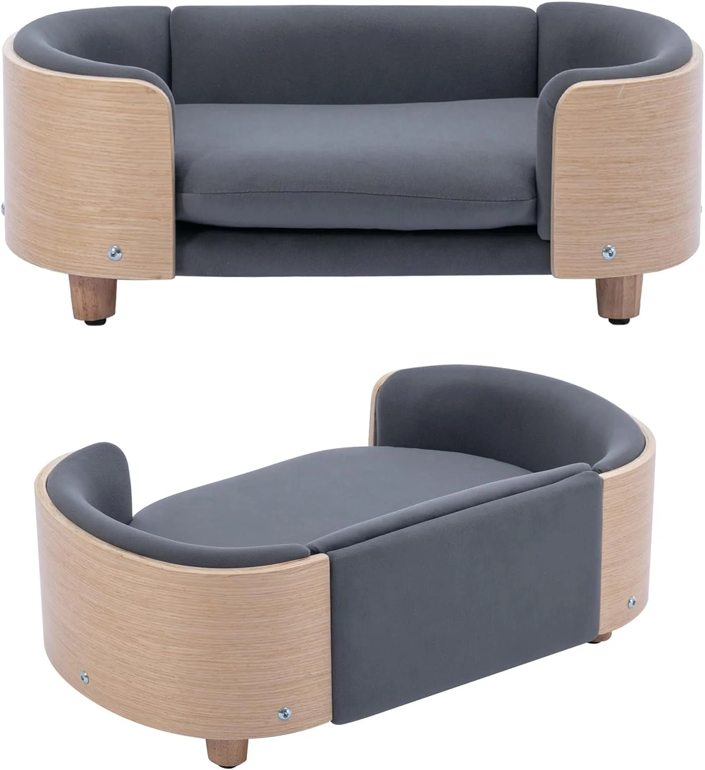 Elevated Dog Bed Pet Sofa With Solid Wood legs and Bent Soft Backrest, Pet Cat Stool Bed with Velvet Cushion,for Small Dog Kitten, Smal Size-Dark Gray