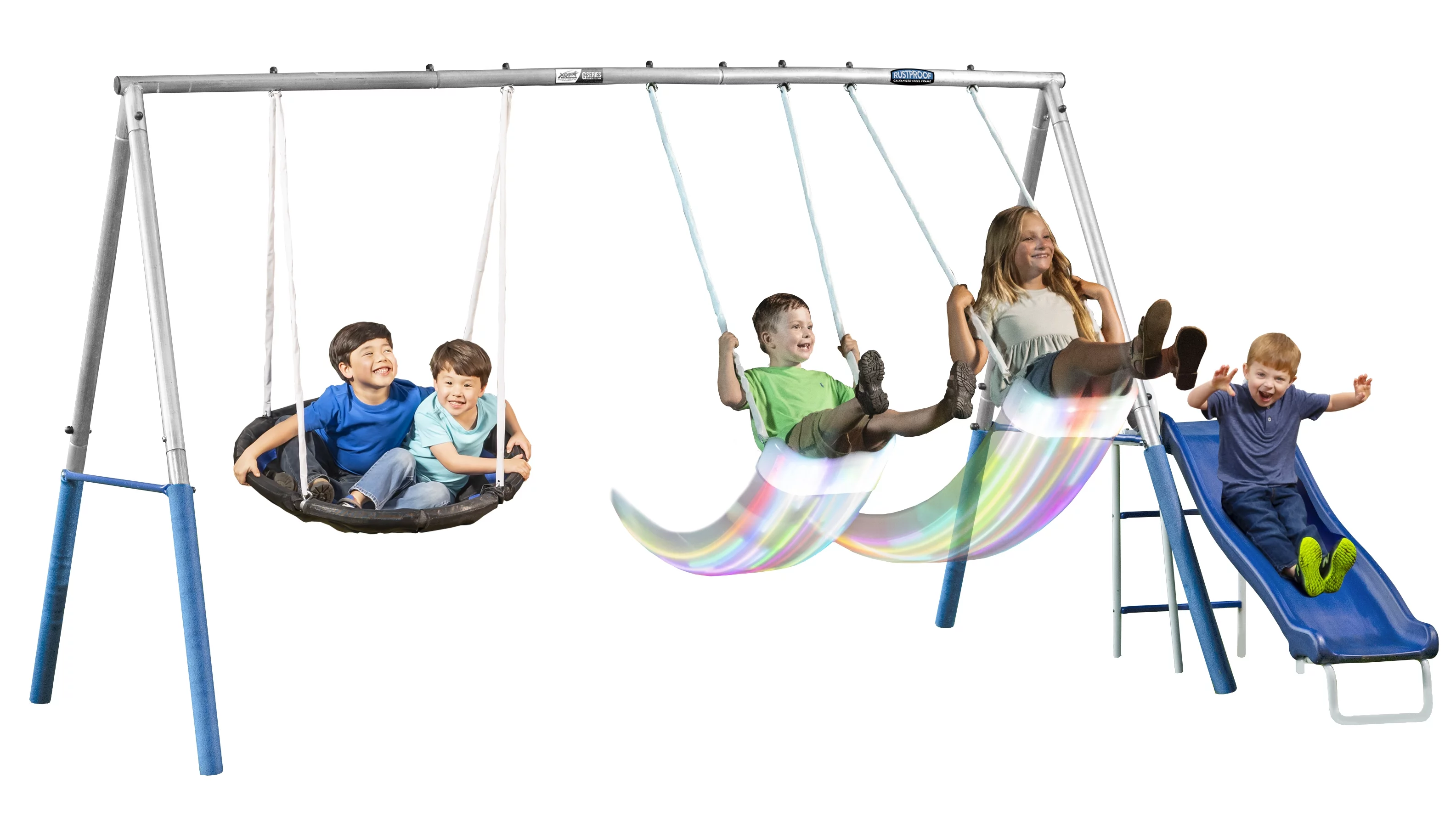 XDP Recreation Firefly Metal Swing Set with  2 LED Swing Seats, Super Disc Swing, & Wave Slide