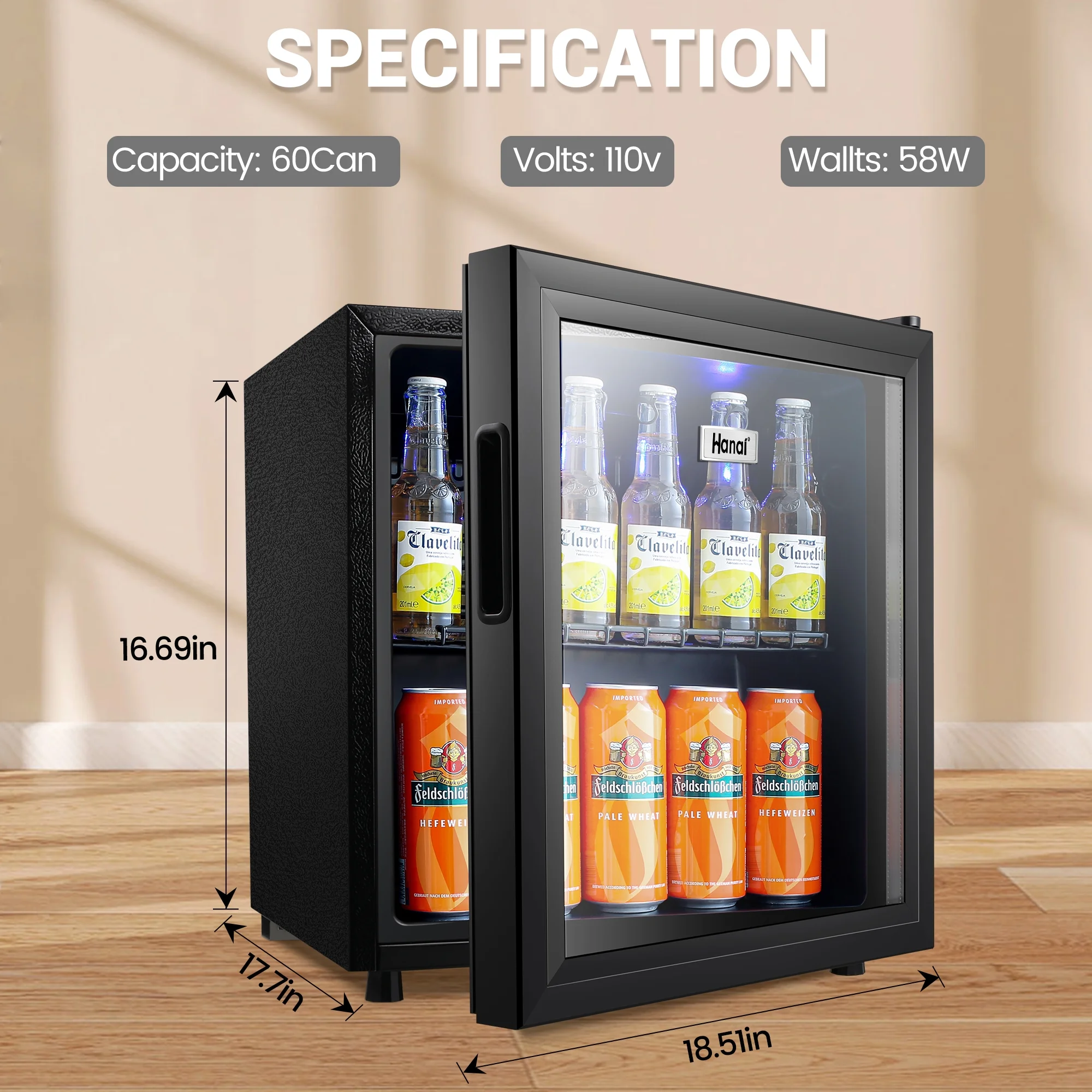 WANAI 62-Can Beverage Refrigerator & Cooler,Mini Fridge with Glass Door,Stainless Steel Look,black