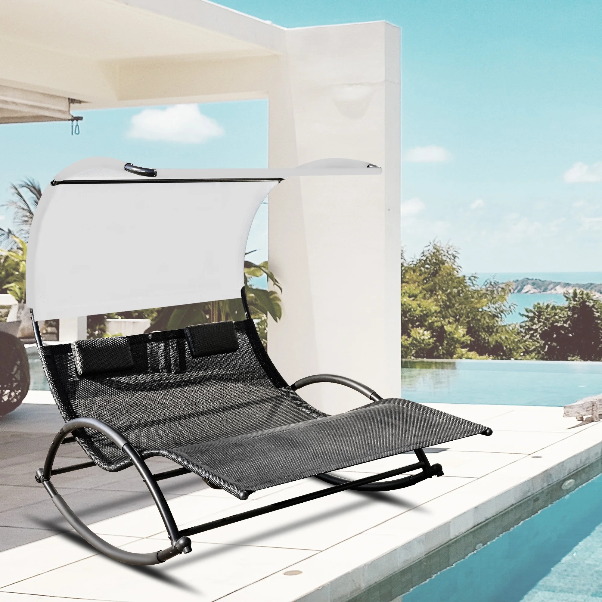 Outdoor Patio Chaise Lounge,Double Sun Lounger with Canopy, Removable Pillows for All Weather for Poolside, Patio, Beach, Yard, Deck