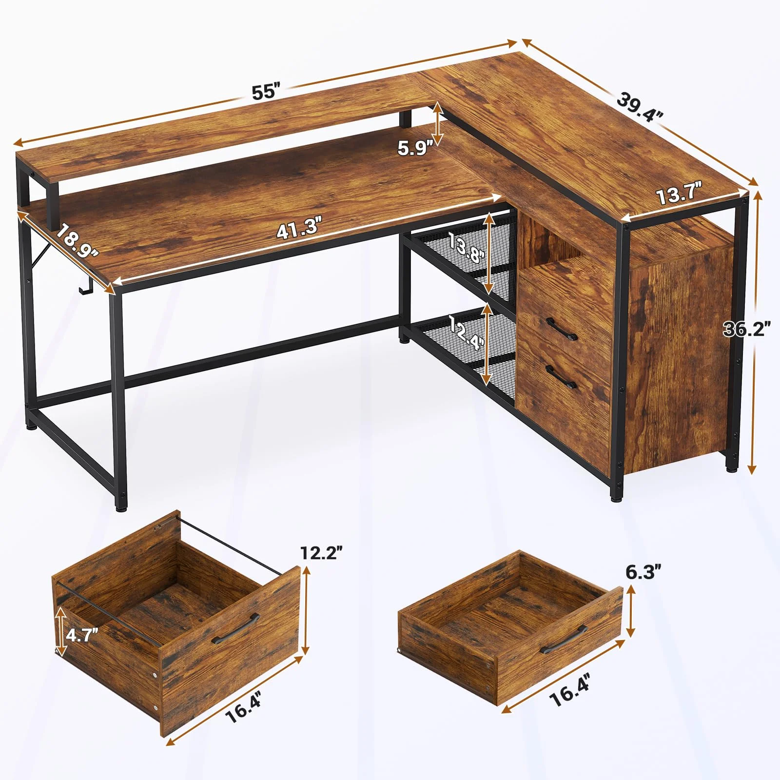 Brown L Shaped Cpomputer Desk with LED Lights and Printer Storage Shelves,55