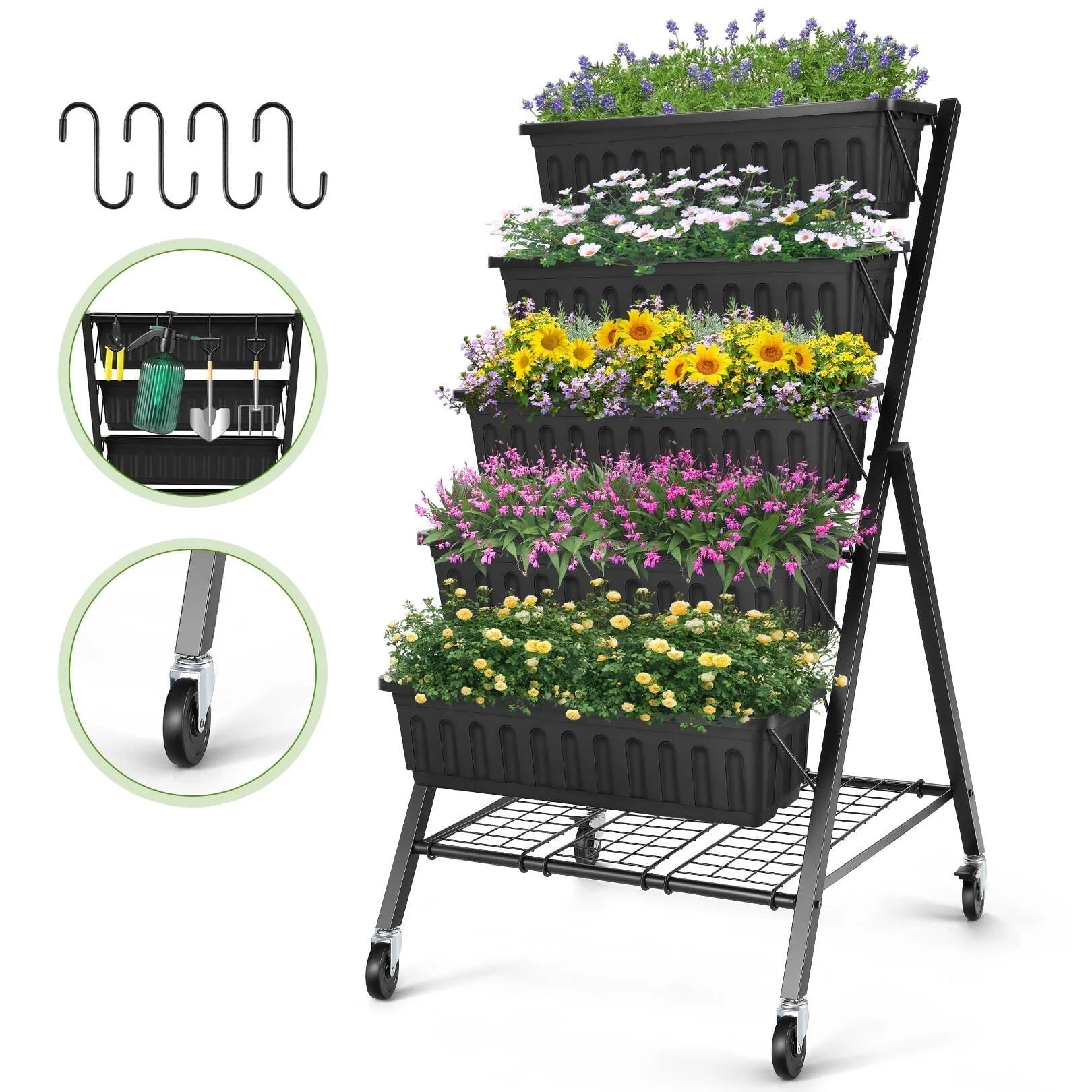 SEJOV 4 ft Vertical Garden with Removable Locking Wheels 5-Tier Raised Garden Bed Planter Box for Patio Outdoor Planting Flower Herb Freestanding Garden Planter with Storage Shelf, 30