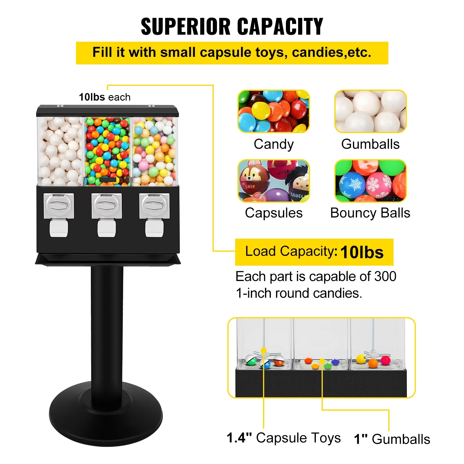 BENTISM Gumball Bank Triple Pod Candy Ball Vending Machine 115cm Height 350pcs gums 45Lbs Capacity Great Gift For Junior Kids Candy Dispenser With 3 locks & 6 keys