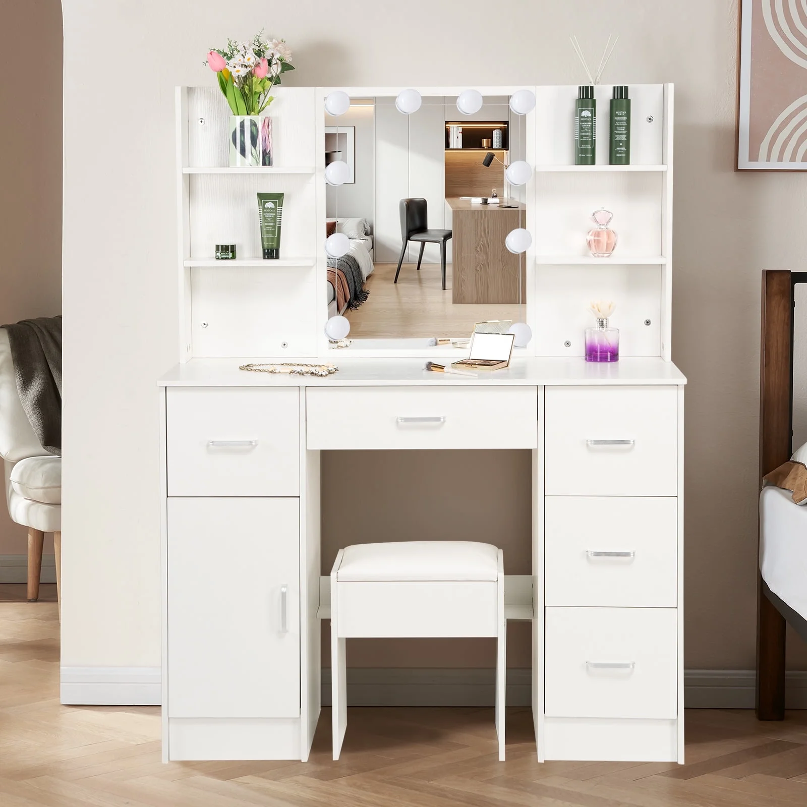 Yamissi Makeup Vanity Set for Bedroom, Vanity Desk with Mirror and Lights, Makeup Dressing Table with Shelves, Drawers, Cabinet and Stool, White