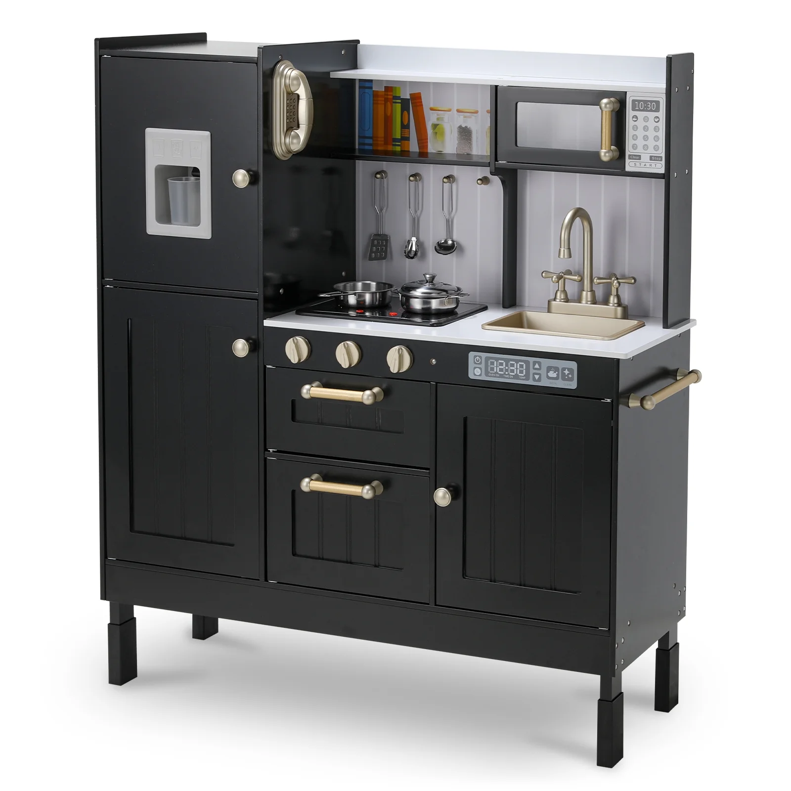 Arlopu Pretend Play Kitchen for Kids, Wooden Kitchen Playset with Telephone, Sink, Cooking Accessories