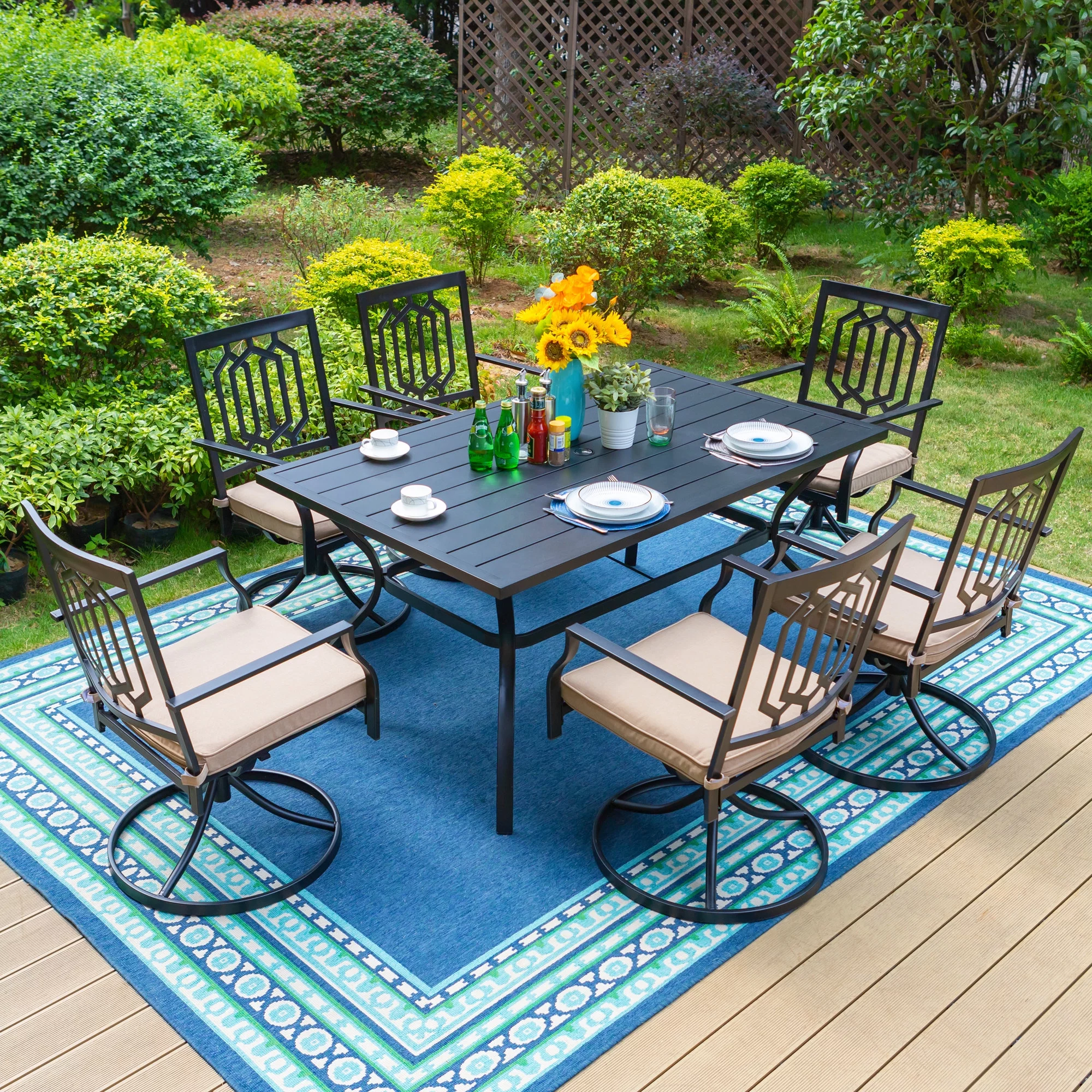 MF Studio Set of 2 Outdoor Swivel Dining Chairs, Steel Frame with Cushion, Black&Beige