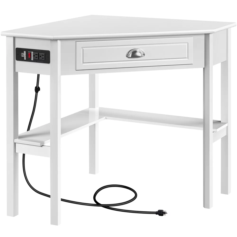 Topeakmart Corner Computer Desk Workstation with Power Outlet Storage Drawer, White