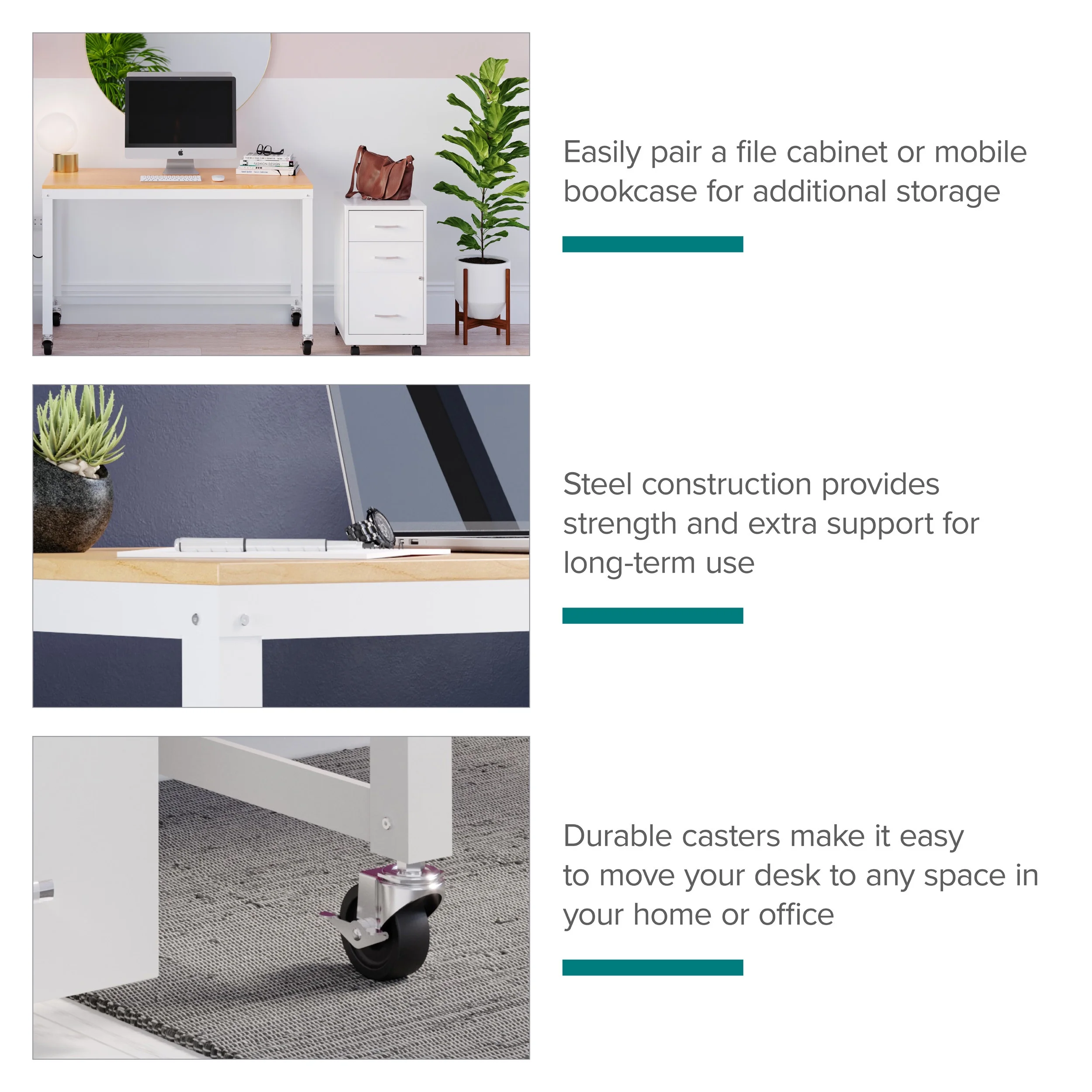 Space Solutions Ready-to-assemble 48-inch Wide Mobile Metal Desk with Laminate Top, White/Maple