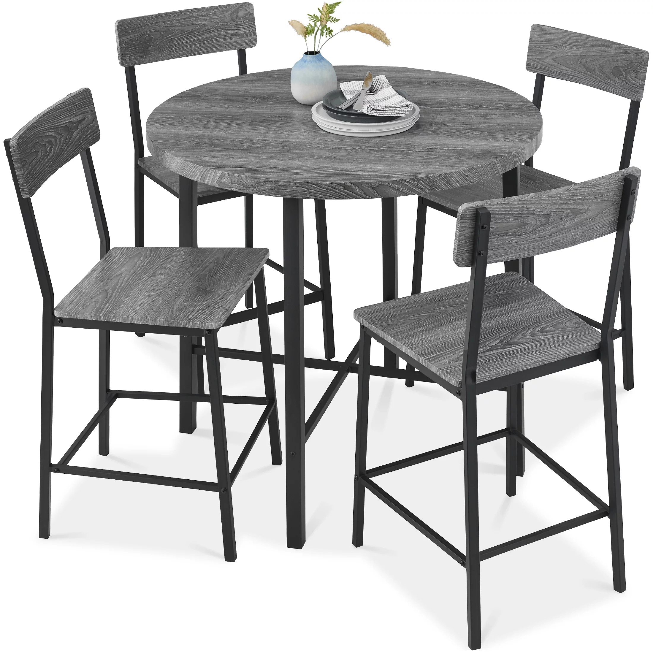 Best Choice Products 5-Piece Modern Round Counter Height Dining Set w/ 4 Chairs, 1.5in Thick Table - Gray