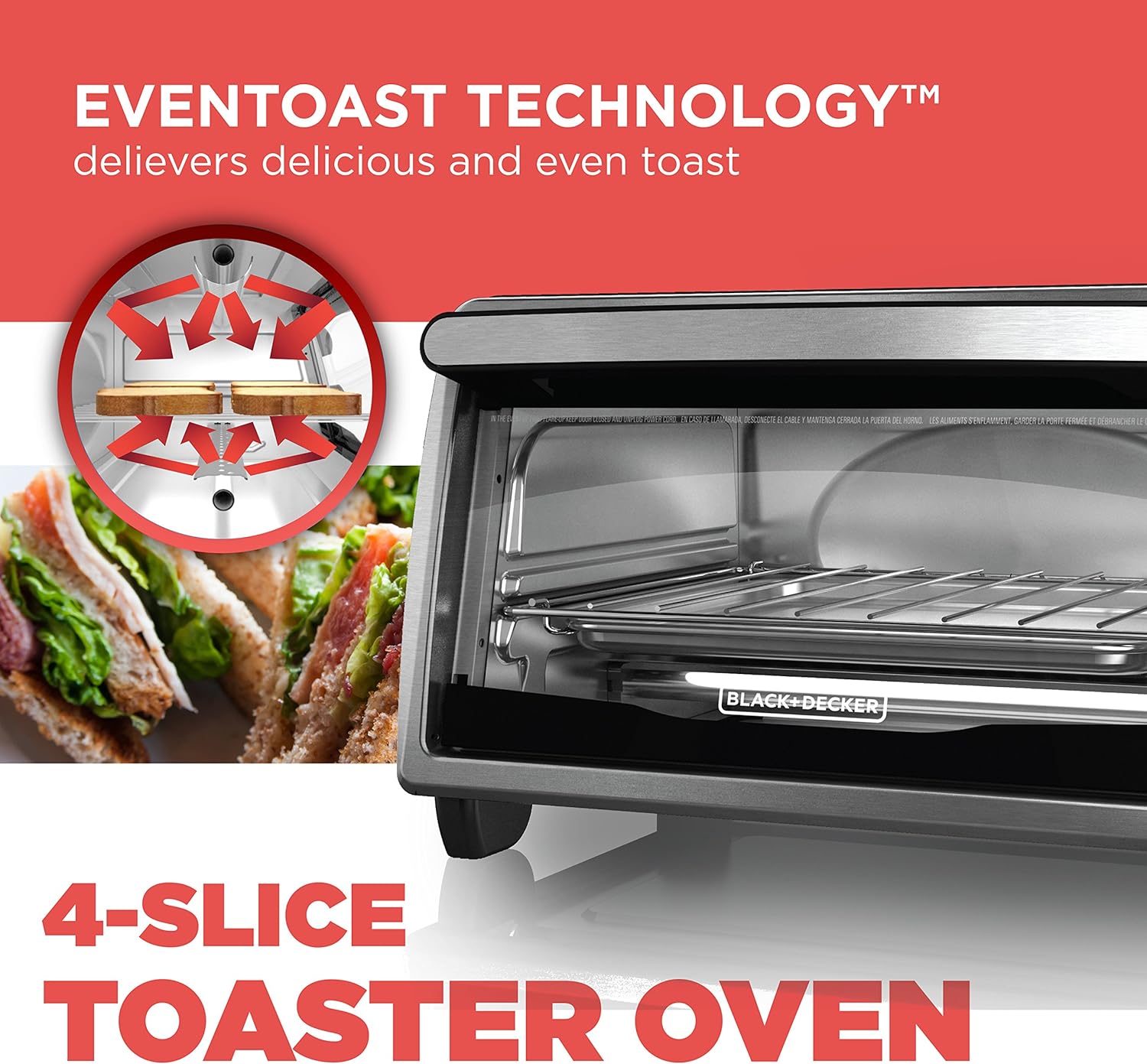 Black+Decker TO1303SB 4-Slice Toaster Oven, 14.5 x 8.8 x 10.8 inches, Stainless Steel/Black