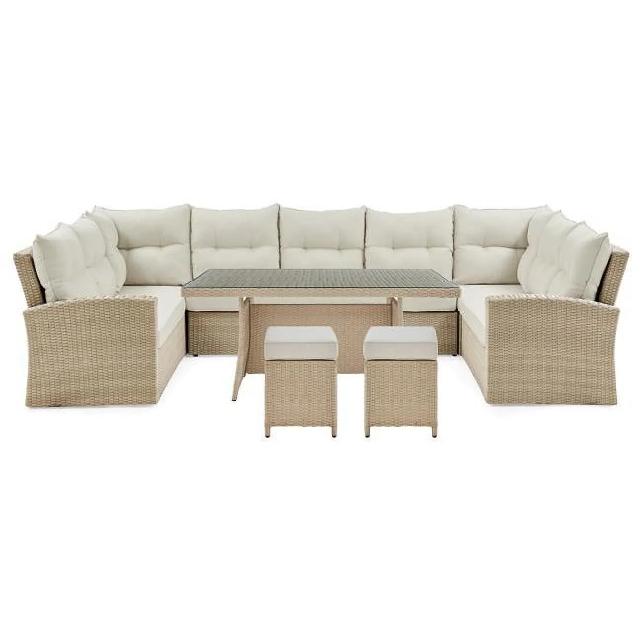 26 in. Canaan All-Weather Wicker Outdoor Double-Corner Horseshoe Sectional Sofa & Two Loveseats with Cocktail Table & Two Stools - Cream