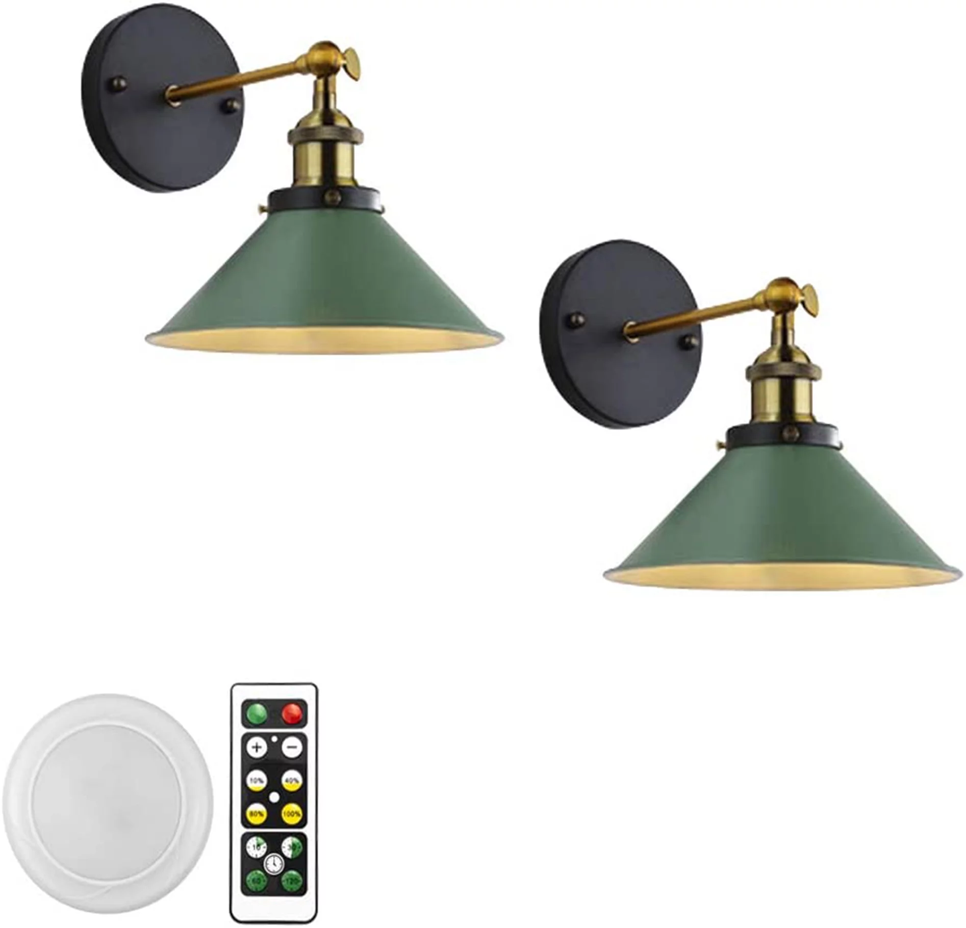 FSLiving 2-Lights 100 Lumens Led Remote Control Battery Run Cordless Lamp Dark Green Wall Sconce Light Fixture for Bedroom Bathroom Wall Decor- Easy Installation, Dimmable,Battery Not Included